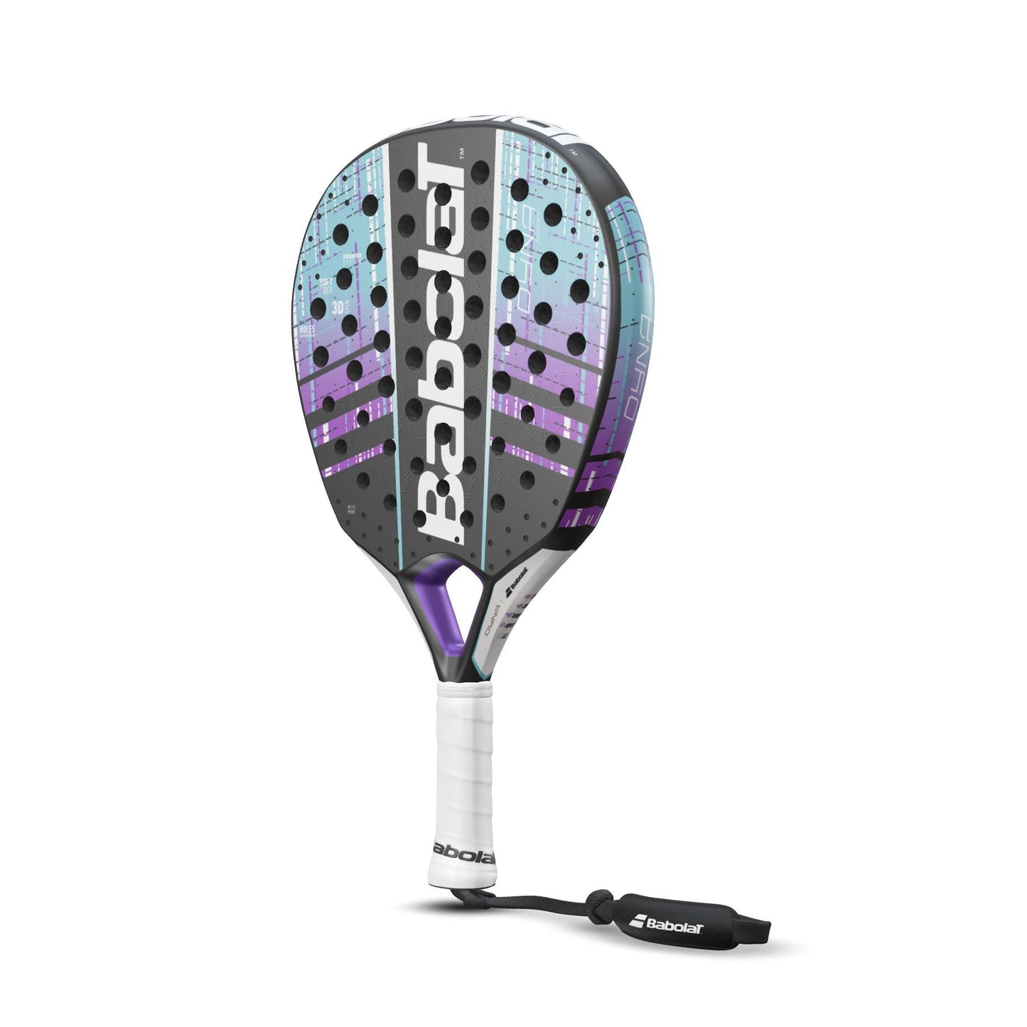 The Babolat Dyna Spirit Padel Racket is a lightweight racket featuring a teardrop head shape and a striking design in black, purple, and light blue. The brand name "Babolat" is prominently displayed in large white letters. It comes with a white grip tape on the handle and includes a black wrist strap. The surface of the racket is perforated with multiple holes to enhance 3D Spin control.