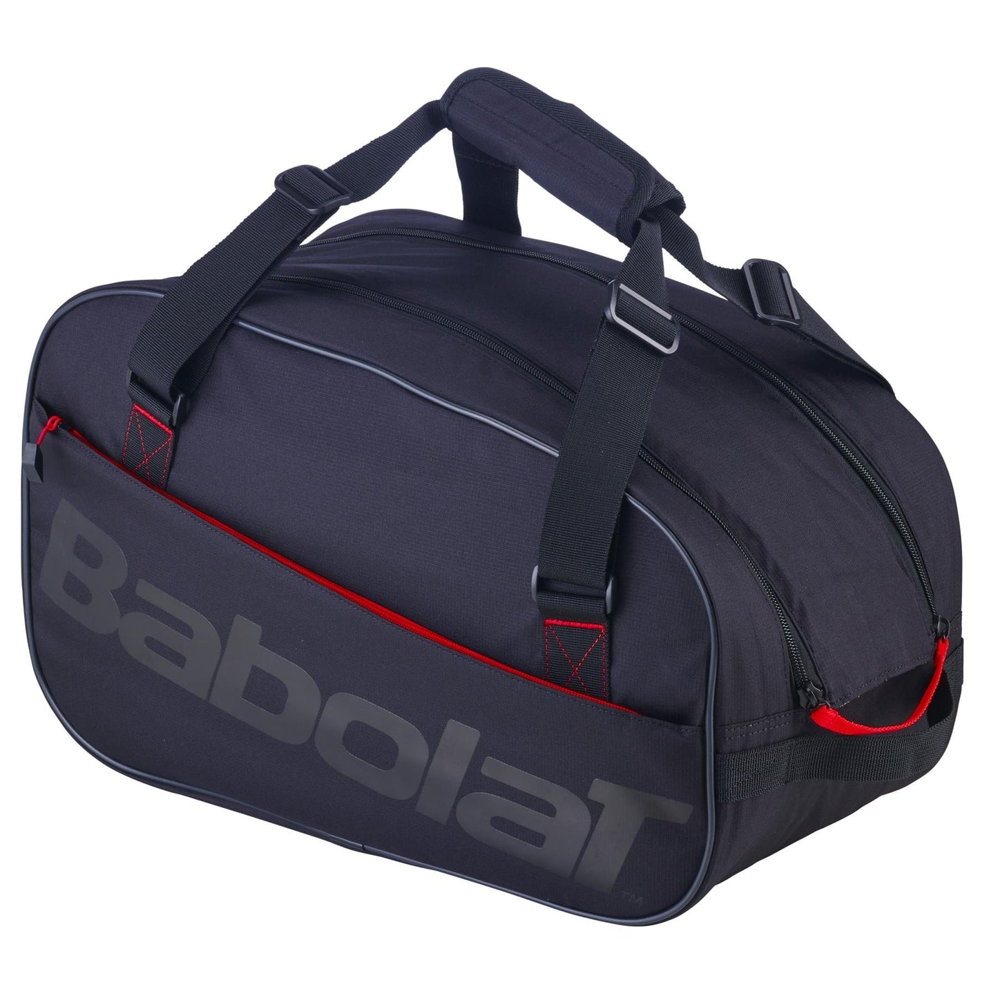 The Babolat RH Padel Lite Racket Bag - Black, crafted from recycled PET, showcases a striking logo with red stitching and includes two carrying handles and a zippered main compartment. With a 35L capacity, this bag is ideal for athletes who are constantly on the move.