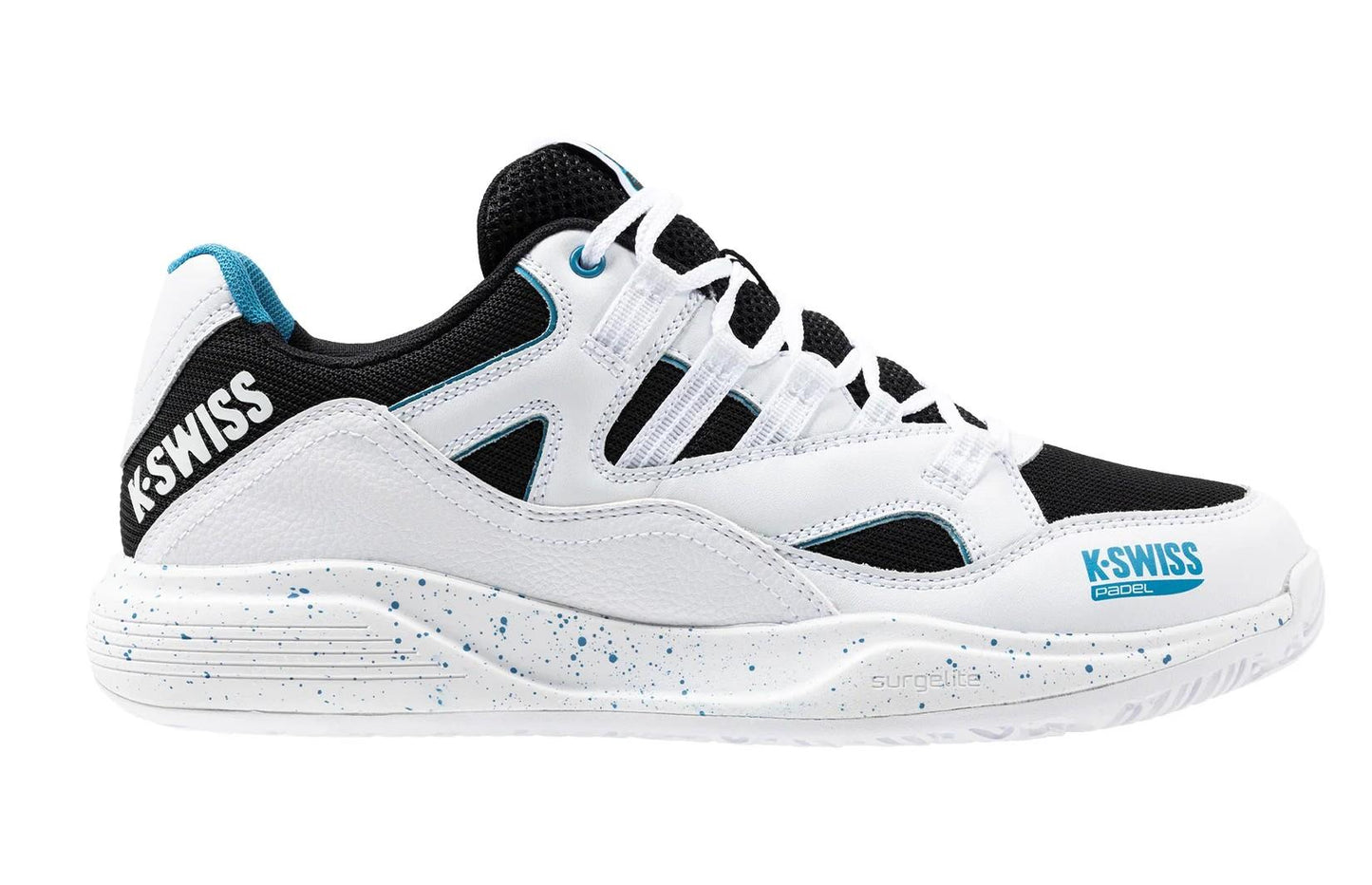 The K-Swiss Tura Team Men's Padel Shoes in White/Black/Blue Moon feature the K-Swiss logo, a breathable fabric upper, and a white speckled midsole. Their court grip ensures durability for sports or casual wear.