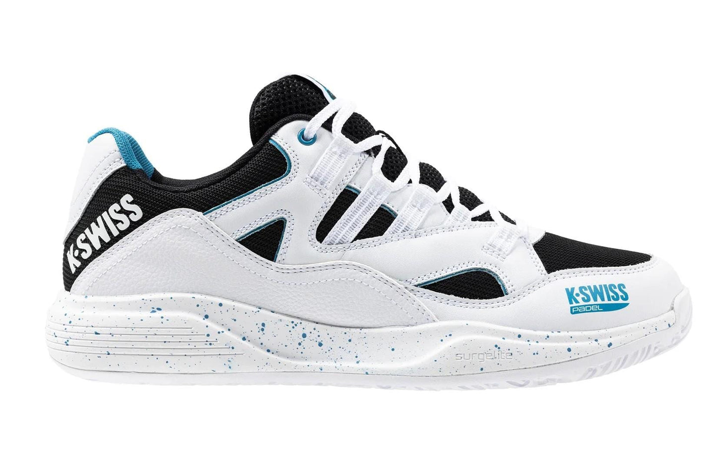 The K-Swiss Tura Team Men's Padel Shoes in White/Black/Blue Moon feature the K-Swiss logo, a breathable fabric upper, and a white speckled midsole. Their court grip ensures durability for sports or casual wear.