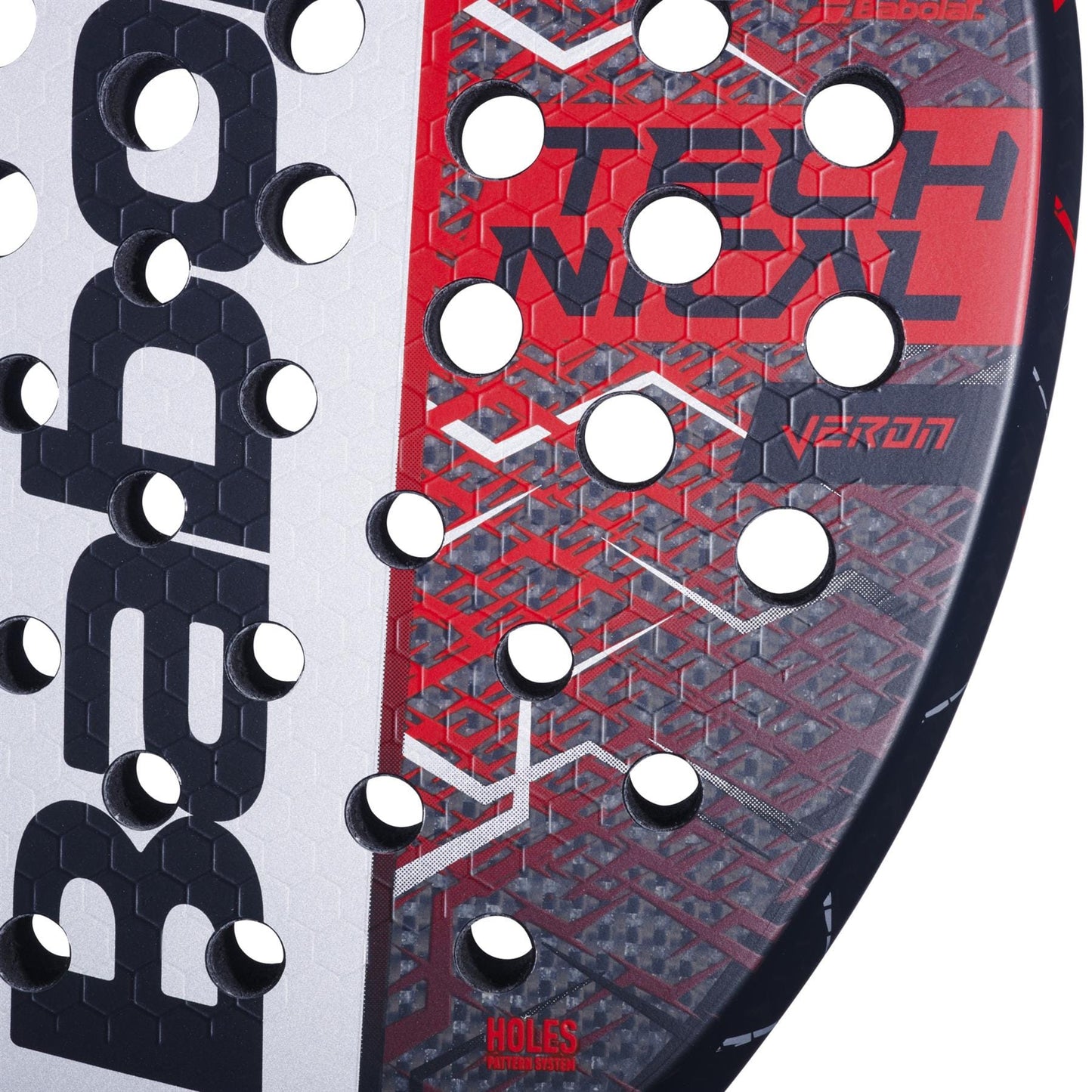 Close-up of the Babolat Technical Veron 2.5 Padel Racket - Red, featuring a black, white, and red design with Carbon Flex technology, multiple round holes, and "TECHNICAL VERON" text on the surface.