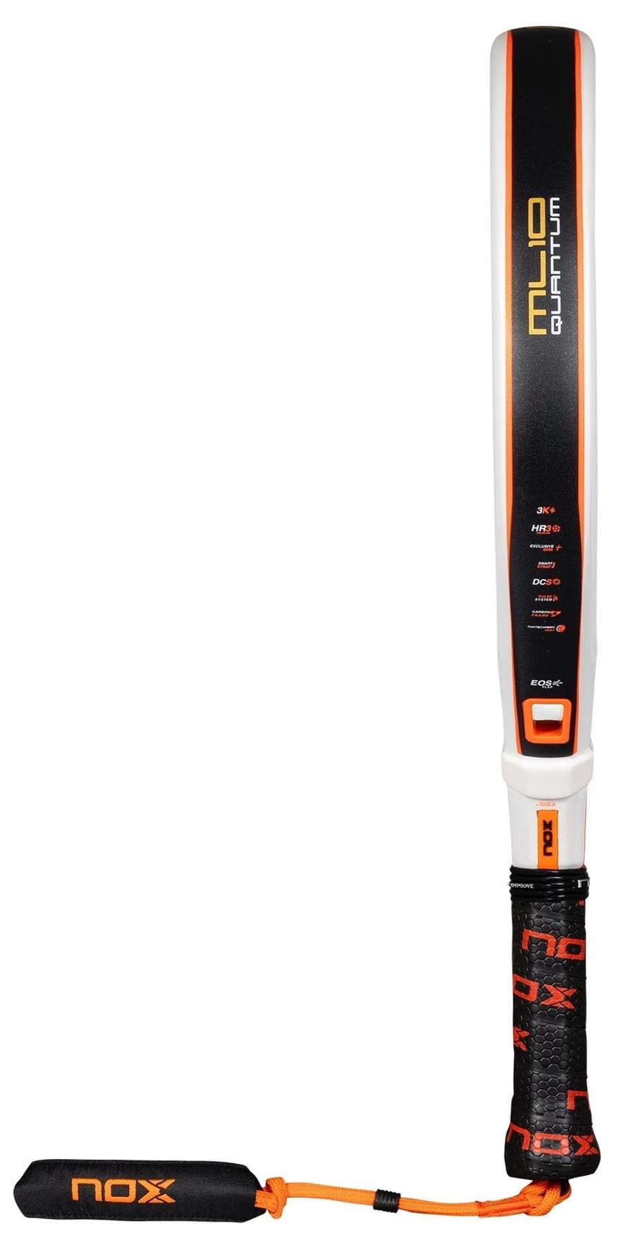 The NOX ML10 Luxury Quantum 3K By Miguel Lamperti 2025 Padel Racket features a black and orange handle, white and black frame with orange accents, Photochromic Paint tech, and visible NOX logos on the handle cover and racket edge.