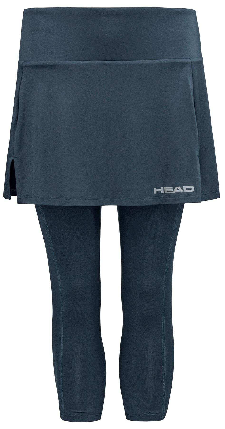 The navy HEAD Club 3/4 Tights Womens Padel Skort combines comfort and style with a skirted design, side slits, and Moisture Transfer Microfibre to keep players cool. The crisp white HEAD logo enhances the left side.