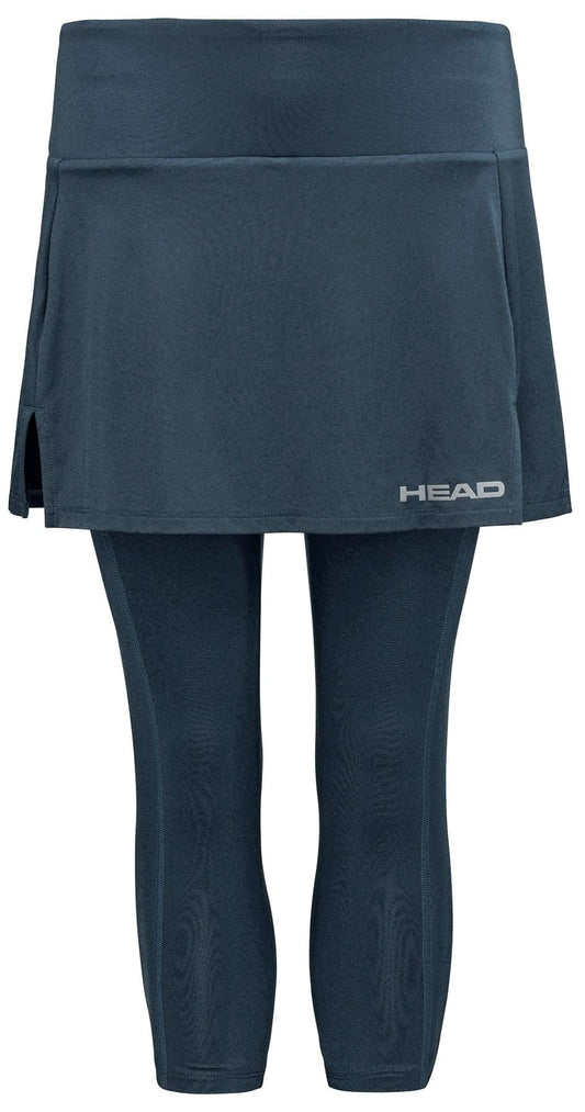 The navy HEAD Club 3/4 Tights Womens Padel Skort combines comfort and style with a skirted design, side slits, and Moisture Transfer Microfibre to keep players cool. The crisp white HEAD logo enhances the left side.