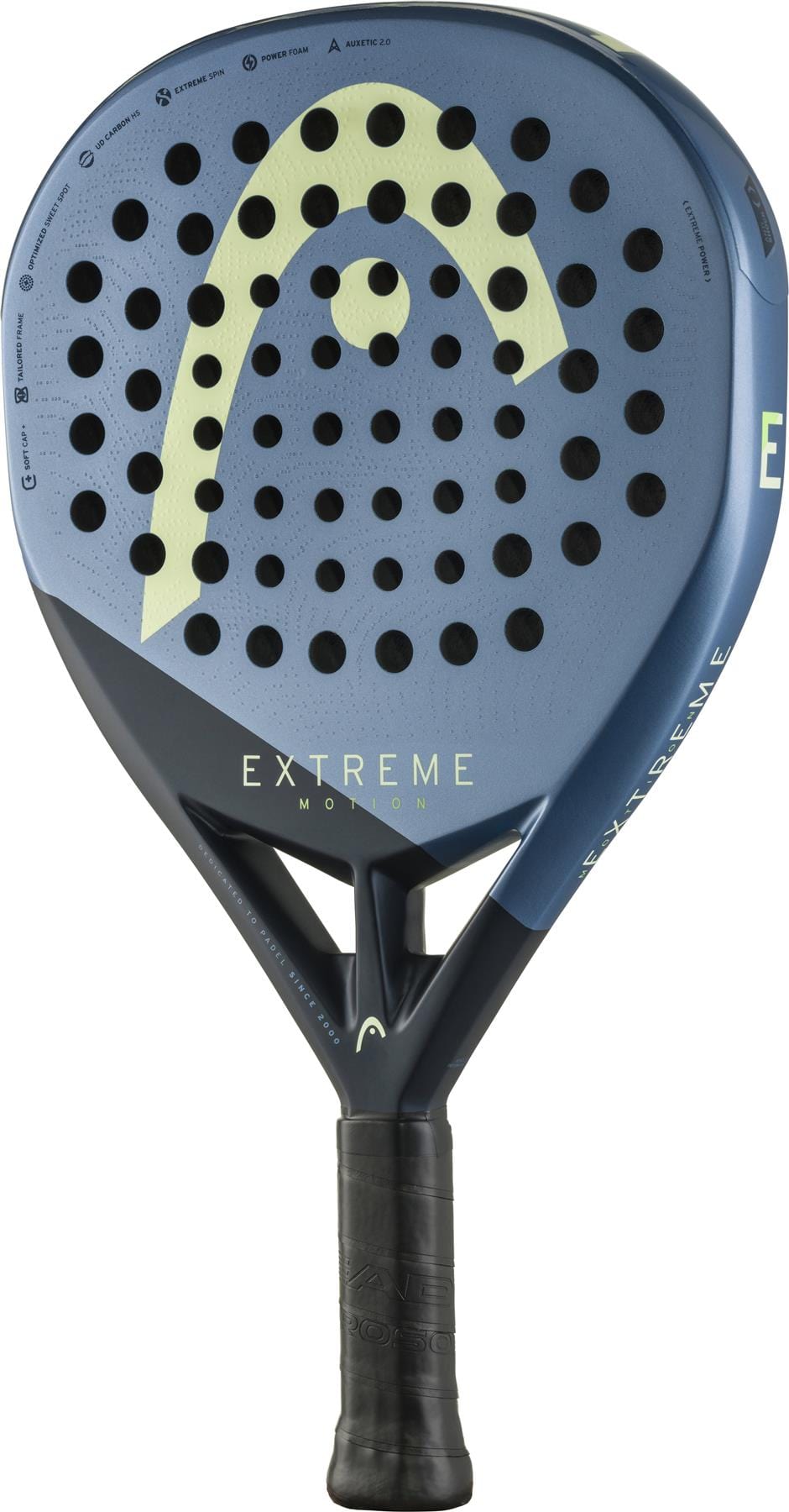 The HEAD Extreme Motion 2025 Padel Racket - Blue features a perforated face, black grip, and "EXTREME" in yellow on the front—perfect for players after power and precision.