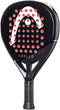 The HEAD Coello Team 2025 Padel Racket in black features red circular holes, “COELLO TEAM” on the face, Power Foam for power, a textured grip, Auxetic 2.0 technology, and subtle patterned details. Brand: HEAD.