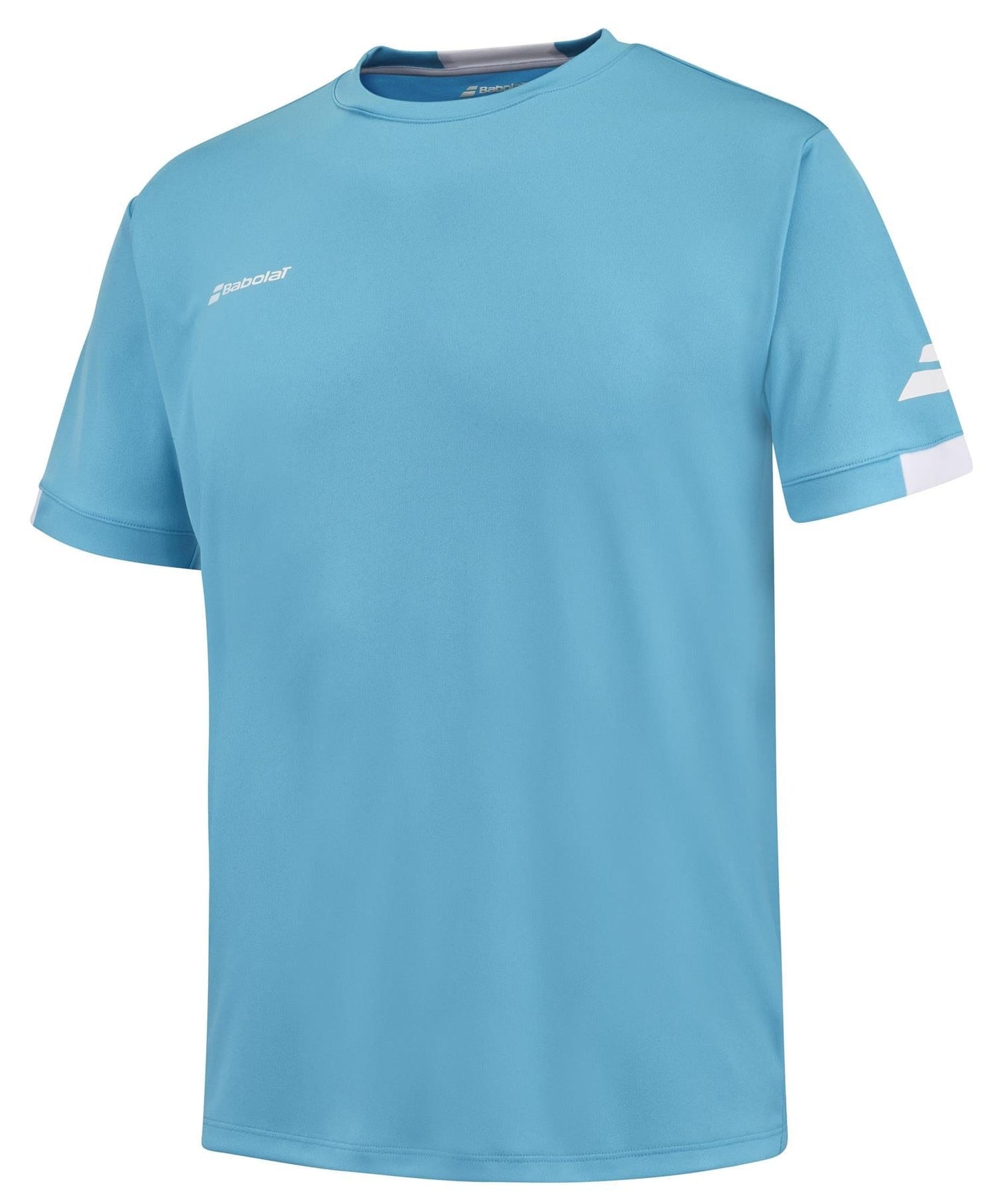 The Babolat Play Men's Crew Neck Padel T-Shirt in Cyan Blue is made from recycled polyester and features Fiber Dry technology for enhanced comfort. This short-sleeve shirt combines simplicity with performance, adorned with a small logo on the chest and another on the sleeve.