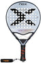 The NOX AT10 Pro Cup Comfort By Agustin Tapia 2025 Padel Racket features a bold large “X” design, circular holes, black grip with red accents, Smartstrap® wrist strap on the handle, and sleek silver, black, and red details.