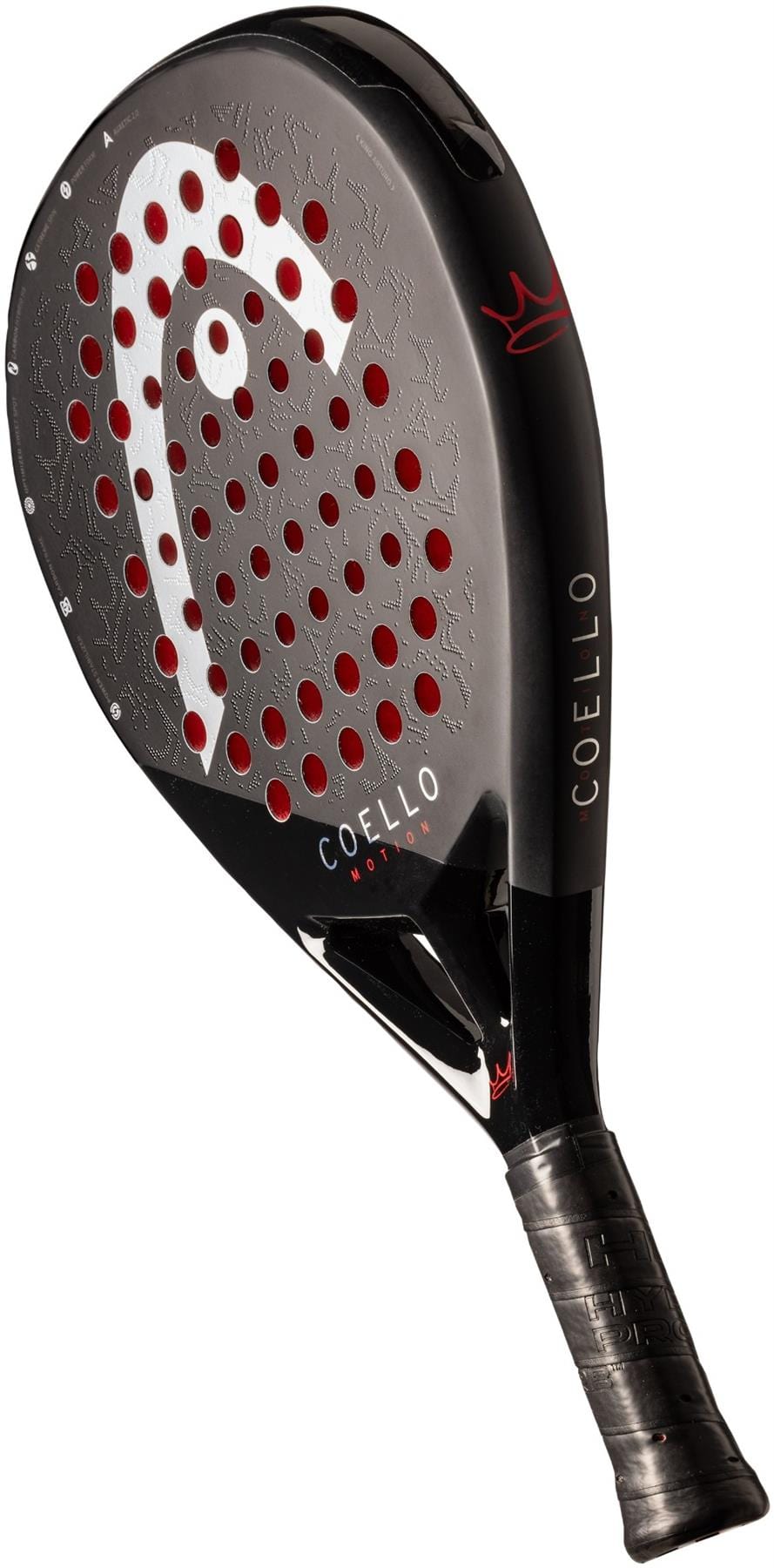 The HEAD Coello Motion 2025 Padel Racket - Black features a black and gray design with red accents, Extreme Spin technology, a perforated face, the “HEAD” logo, and “Coello” printed on the side and face.