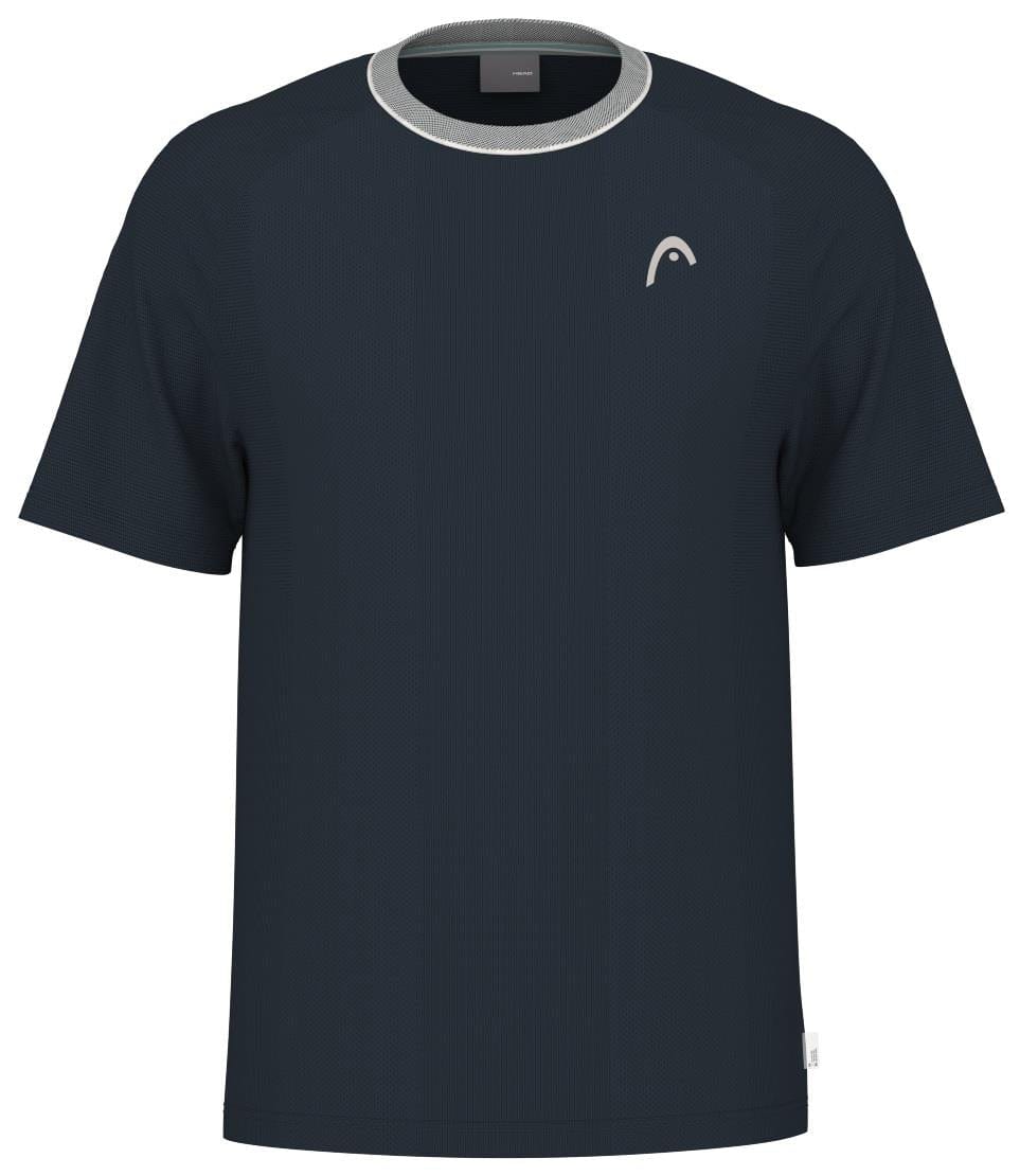The HEAD Performance Men's Padel T-Shirt in navy features a crew neck, short sleeves, and a minimalist logo on the left chest. Enhanced with Moisture Transfer Microfiber technology, it includes a light gray trim around the neckline for comfort during active wear.