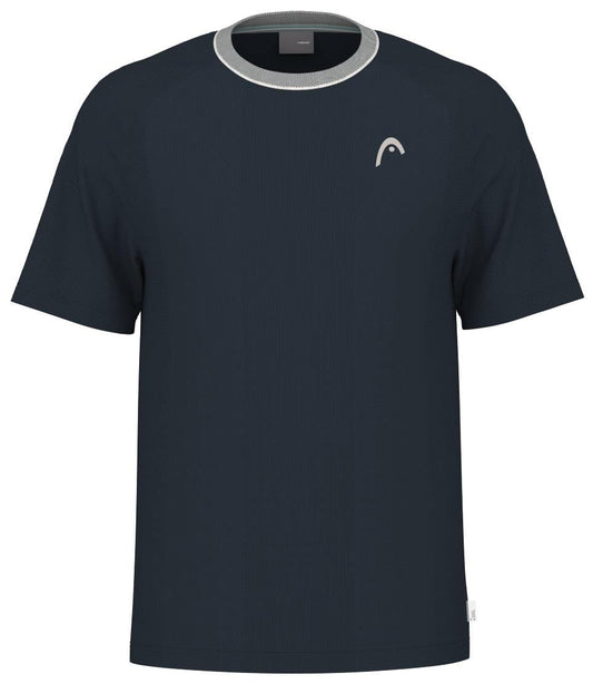 The HEAD Performance Men's Padel T-Shirt in navy features a crew neck, short sleeves, and a minimalist logo on the left chest. Enhanced with Moisture Transfer Microfiber technology, it includes a light gray trim around the neckline for comfort during active wear.