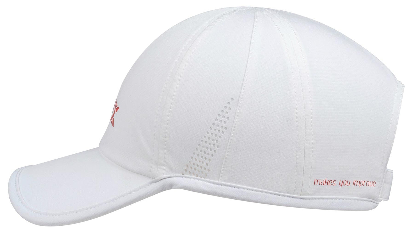 The NOX Padel Cap - White / Red by NOX features side-stitched panels, a small red logo on the front, and “makes you improve” printed in red near the back. It offers an adjustable fit and sun protection.