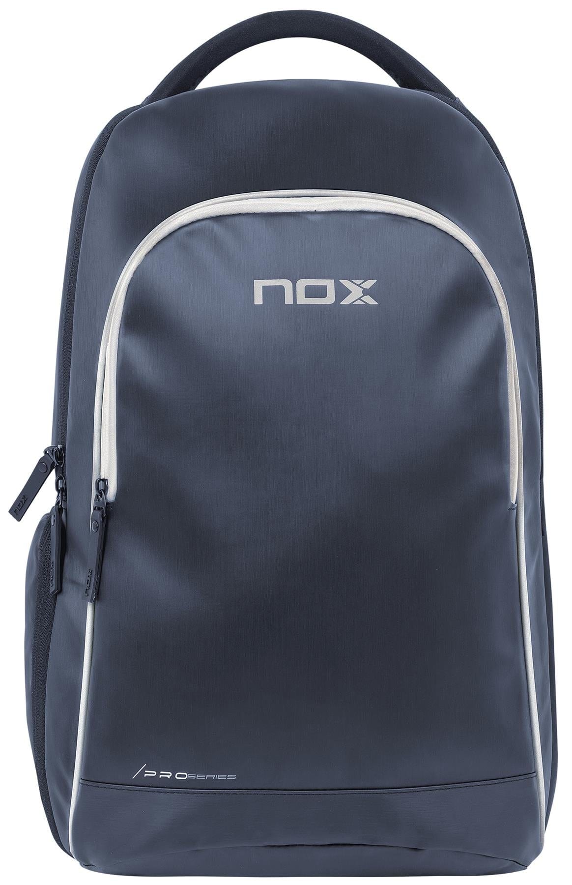 The NOX Pro Series Padel Backpack in blue features a top handle, front zippered pocket, white-accented zippers and logo, plus an innovative air ventilation system for freshness.