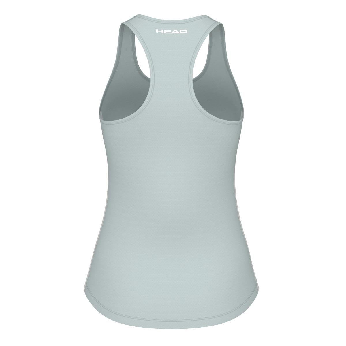 A sleeveless tank top in a light green shade with a racerback design, featuring "HEAD" printed in white on the upper back. The Women's Padel Tank is crafted from Moisture Transfer Microfibre for breathable comfort during athletic activities, making it an ideal choice for fans of HEAD Sportswear.