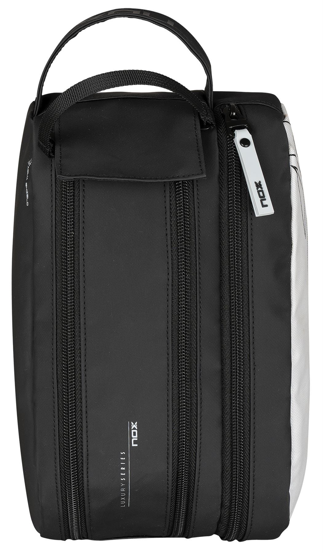 The NOX Luxury Travel Kit Bag - Black/Grey features two zippered compartments, a top handle, and branded "NOX" zipper pulls—perfect as a multi-purpose organiser for your essentials.