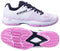 The Babolat Sensa Womens Padel Shoes in white and lilac feature black laces, a pink and white Michelin rubber grip sole, light pink accents, and the Babolat logo on the upper.