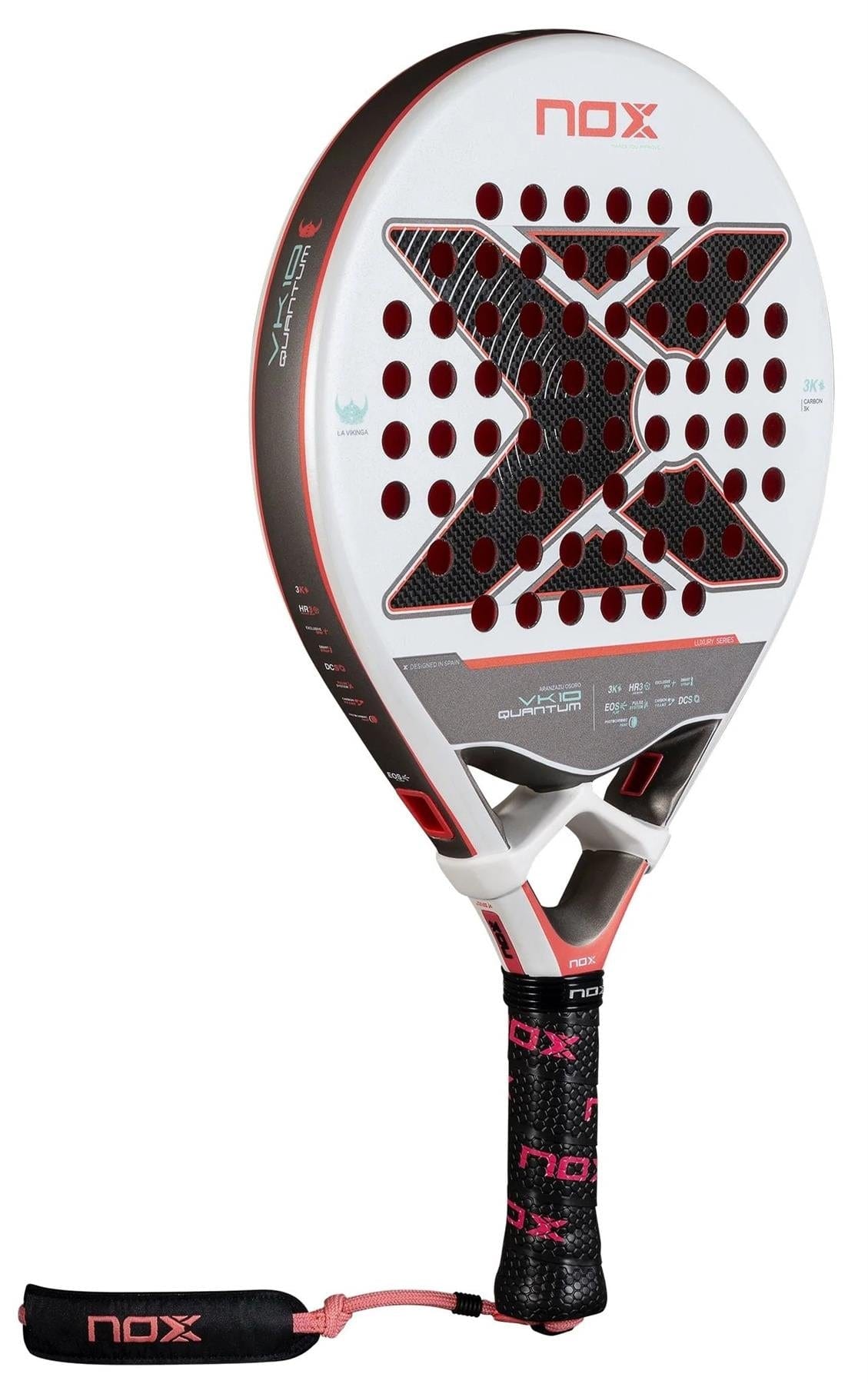 The NOX Luxury VK10 Quantum 3K By Aranzazu Osoro 2025 Padel Racket features a white and black face with red accents, a large "X" design, black grip with pink NOX logos, pink wrist strap, and TECHNOLOGY EOS Flap for enhanced performance.