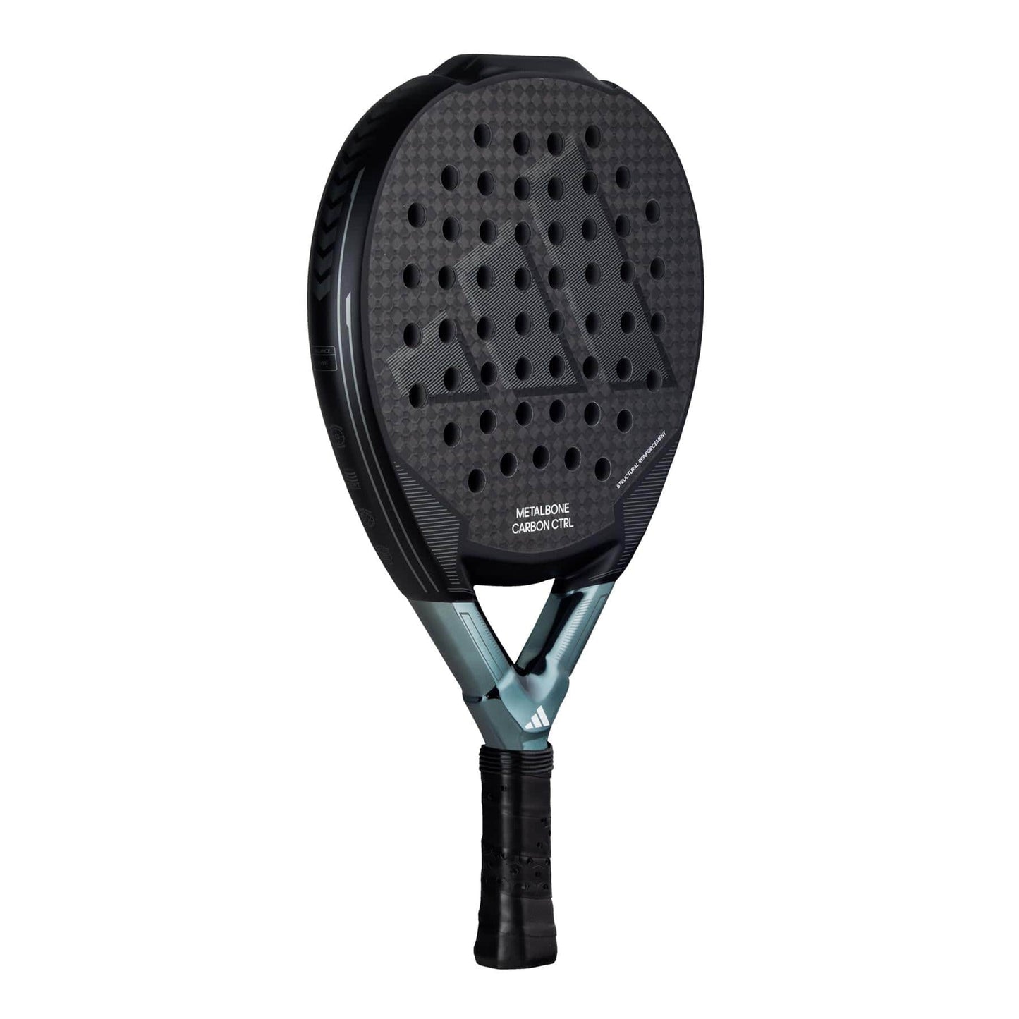 The ADIDAS Metalbone Carbon CTRL 3.3 Padel Racket by adidas is black, made with 6K Carbon material, features a textured surface with multiple holes for optimized performance, and has a sleek gray and black handle design with subtle geometric patterns enhanced by the Spin Blade Decal.