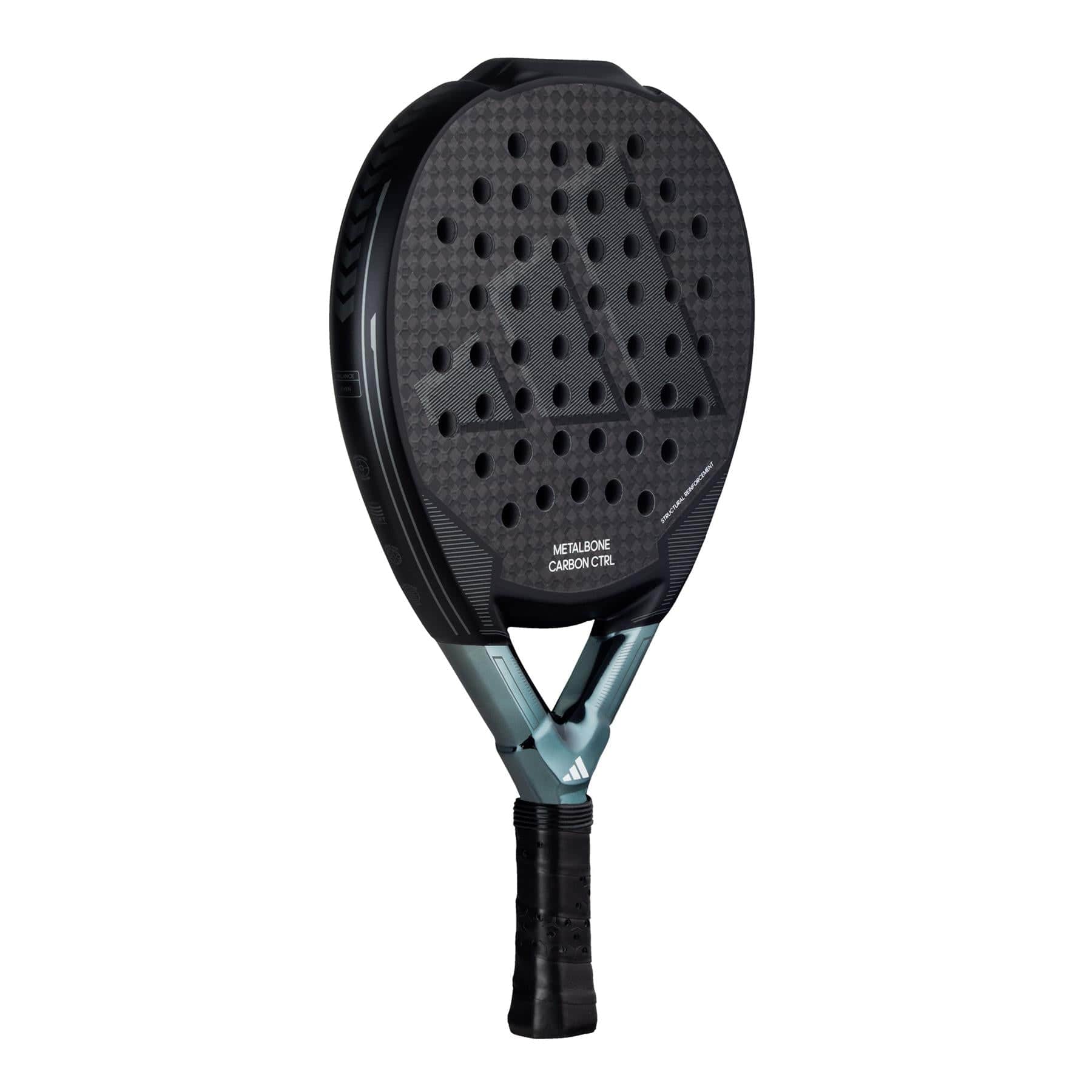 The ADIDAS Metalbone Carbon CTRL 3.3 Padel Racket by adidas is black, made with 6K Carbon material, features a textured surface with multiple holes for optimized performance, and has a sleek gray and black handle design with subtle geometric patterns enhanced by the Spin Blade Decal.