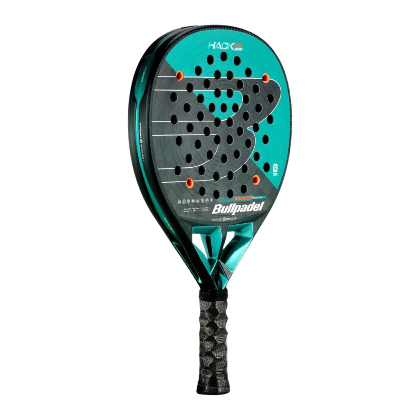 The Bullpadel Hack 04 Hybrid 2025 Padel Racket by Bullpadel is a black and green padel racket incorporating Total Channel technology for enhanced precision. It features a textured grip, several holes on the paddle surface, and striking orange details, complemented by a prominent "B" logo to elevate your playing experience.