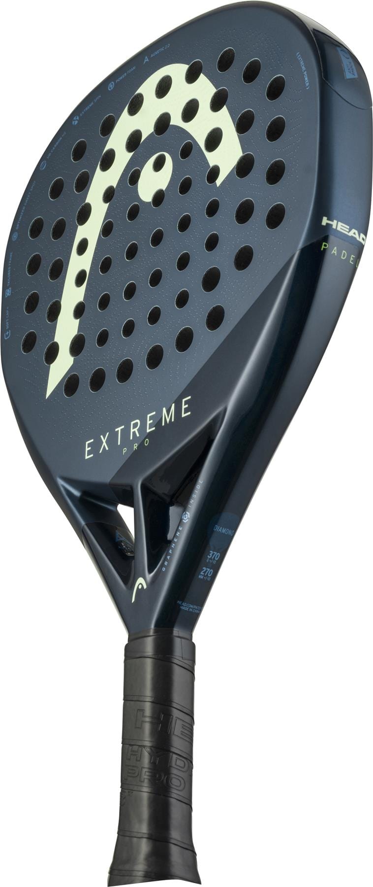 A blue HEAD Extreme Pro 2025 Padel racket with a diamond-shaped head, perforated face, large HEAD logo, and textured grip stands upright against a white background.