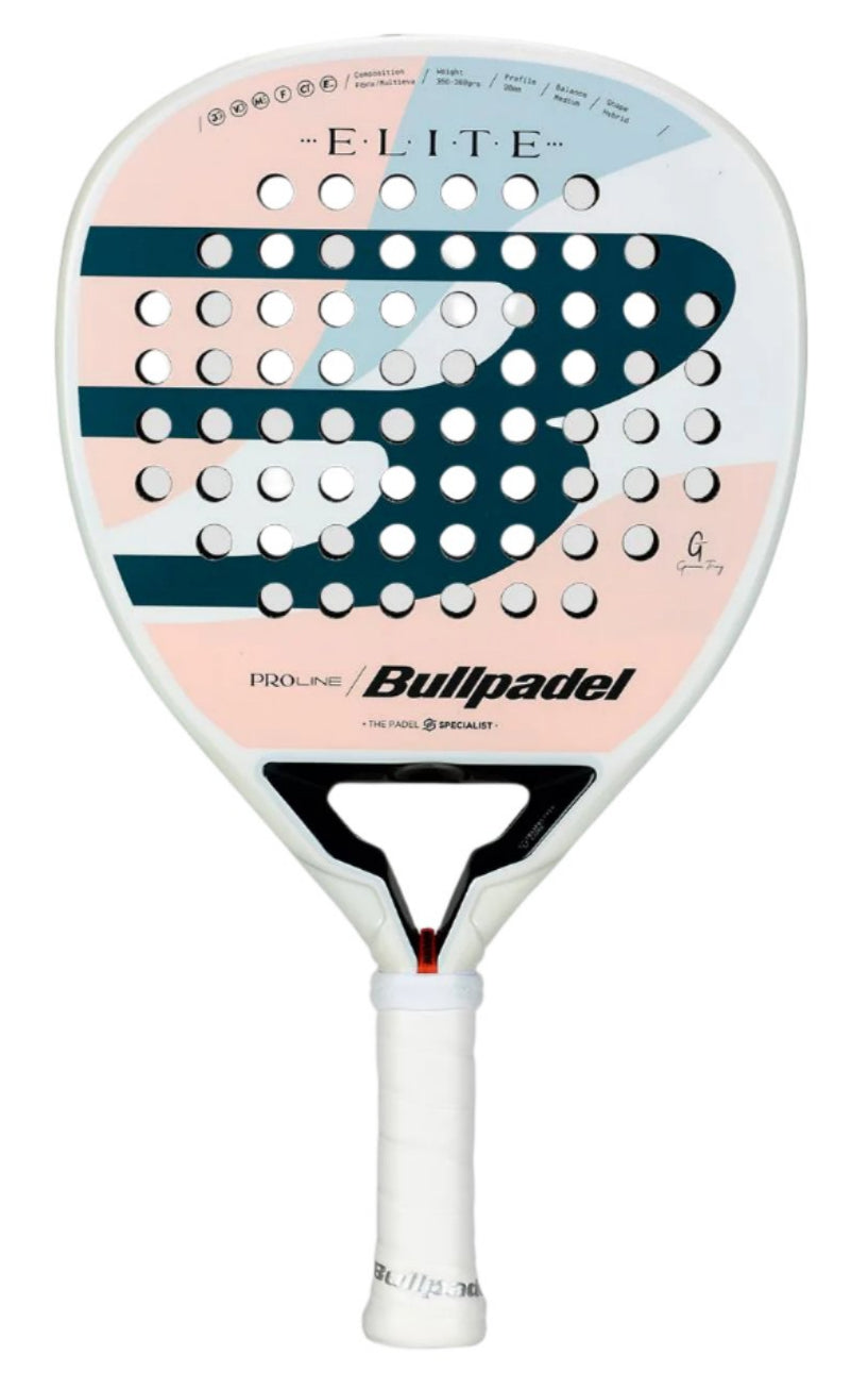 Presenting the Bullpadel Elite W 2025 Padel Racket from the renowned brand Bullpadel, featuring a stylish white handle and a round head adorned with an eye-catching black, teal, and pink design. Channel the essence of Gemma Triay as you take to the court with "Bullpadel" proudly displayed on its face.