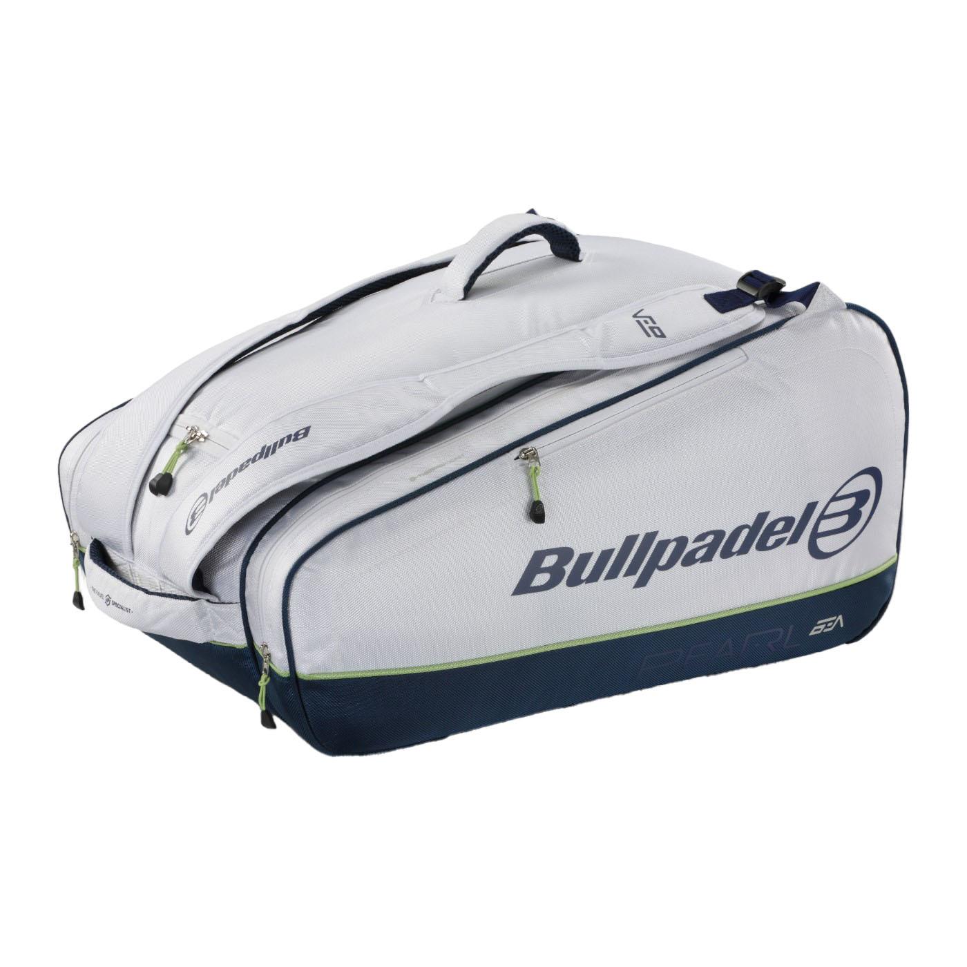The Bullpadel Pearl 25 Padel Racket Bag in white, inspired by Bea González, offers multiple compartments and zippers. Made from durable material, it showcases a central handle and prominent brand logo—perfect as a padel racket bag.