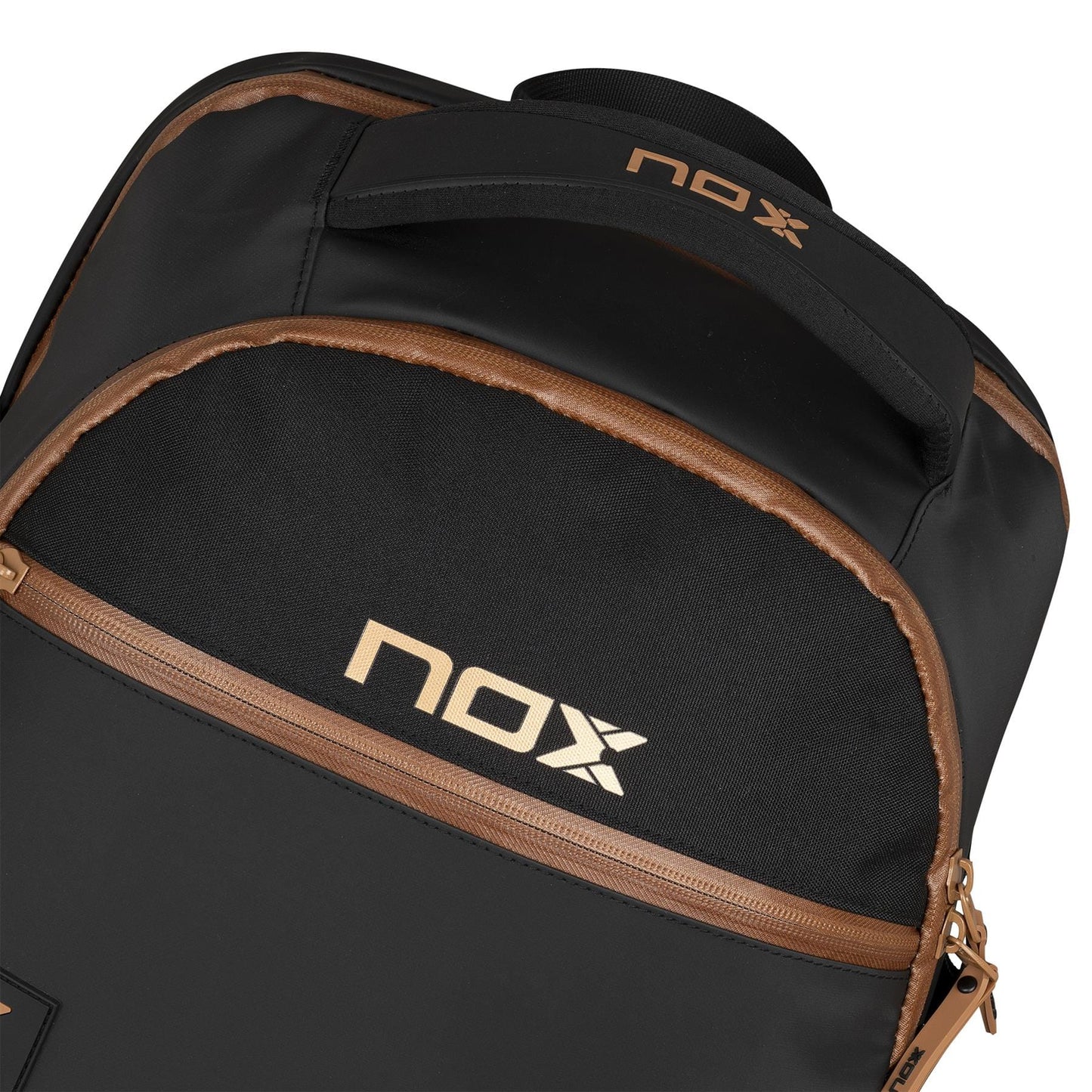 Close-up of the NOX Luxury Open Series Padel Backpack - Black / Brown, showing the white "NOX" logo on the front pocket, brown zippers and trim, and an air ventilation system to keep your padel racket fresh.