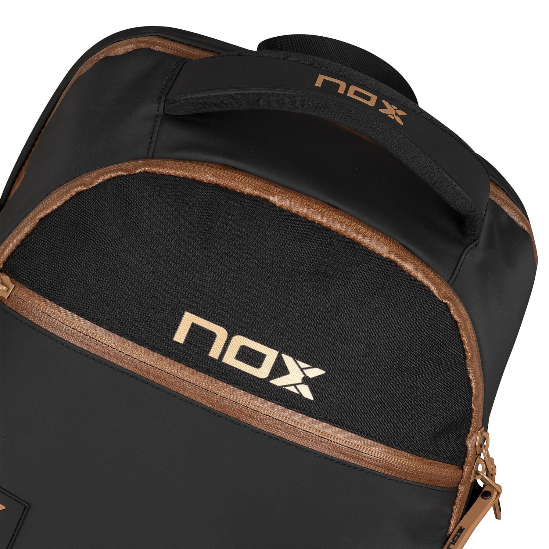 Close-up of the NOX Luxury Open Series Padel Backpack - Black / Brown, showing the white "NOX" logo on the front pocket, brown zippers and trim, and an air ventilation system to keep your padel racket fresh.