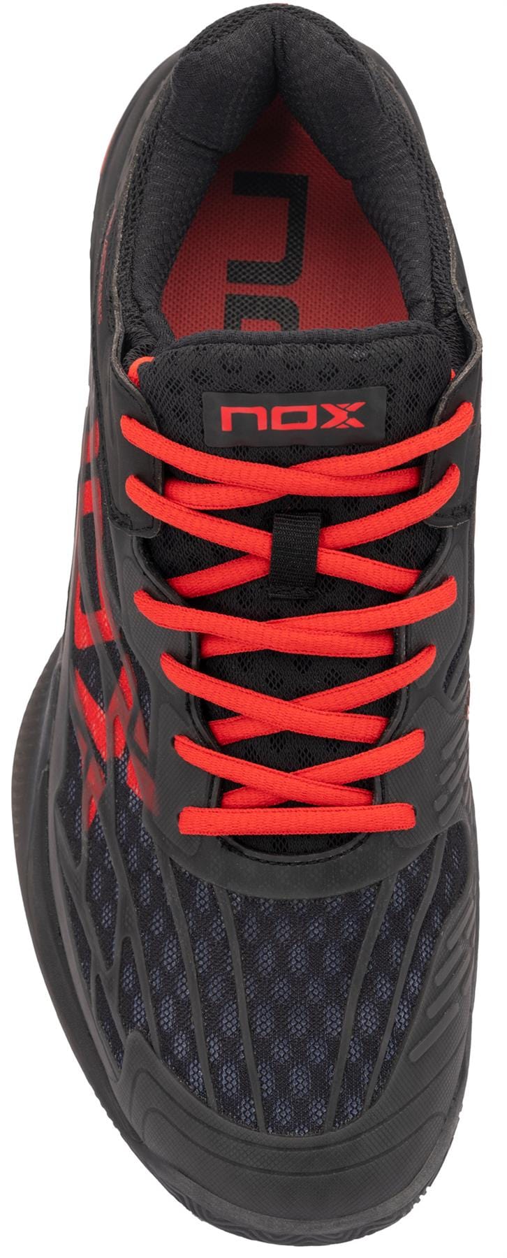 The NOX AT10 Lux Men's Padel Shoes in black and red feature "NOX" branding, red accents and laces, Ortholite comfort insoles, and are shown from a top view.