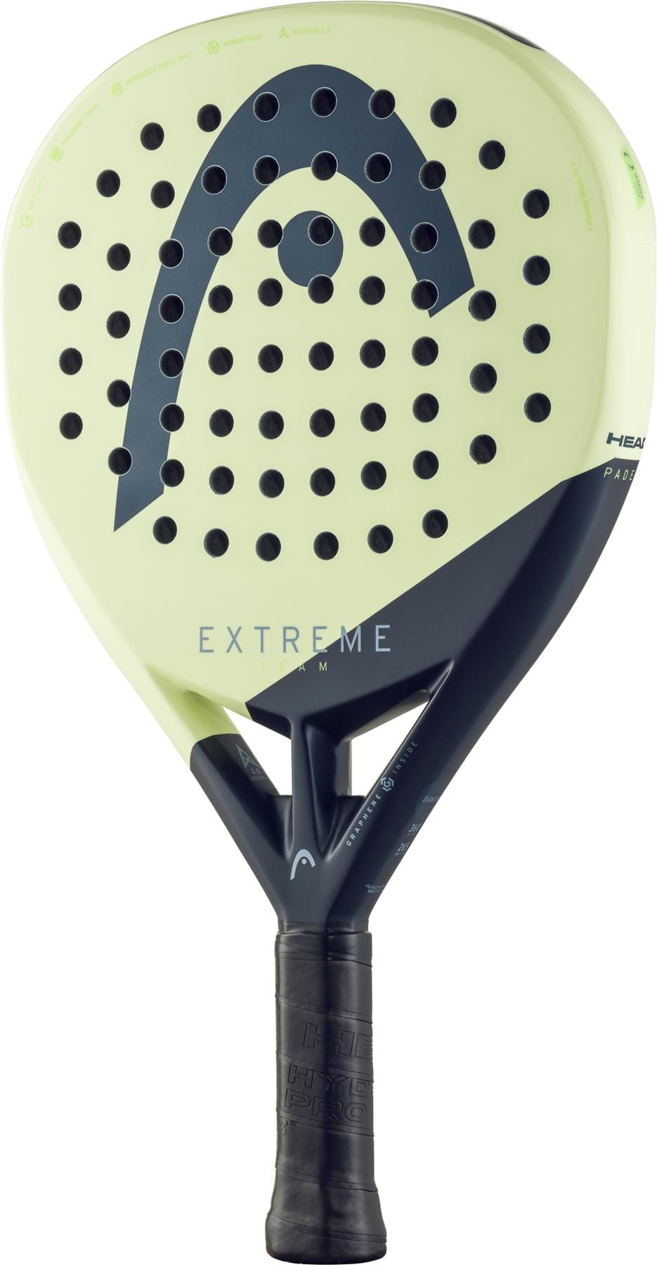 The HEAD Extreme Team 2025 Padel Racket in green, designed for advanced players, features a round shape, power foam core, circular perforations, and a black grip handle.