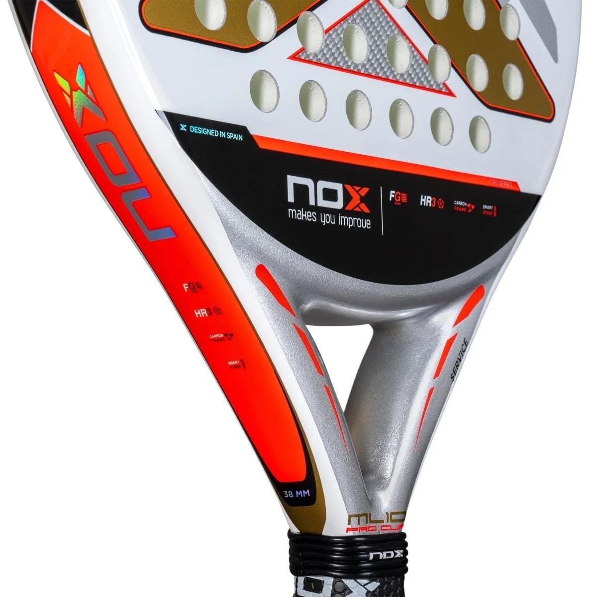 Close-up of the NOX ML10 Pro Cup Coorp By Miguel Lamperti 2025 Padel Racket, showcasing a white, red, and silver design with round holes and visible branding. The partially shown handle highlights this signature NOX model.