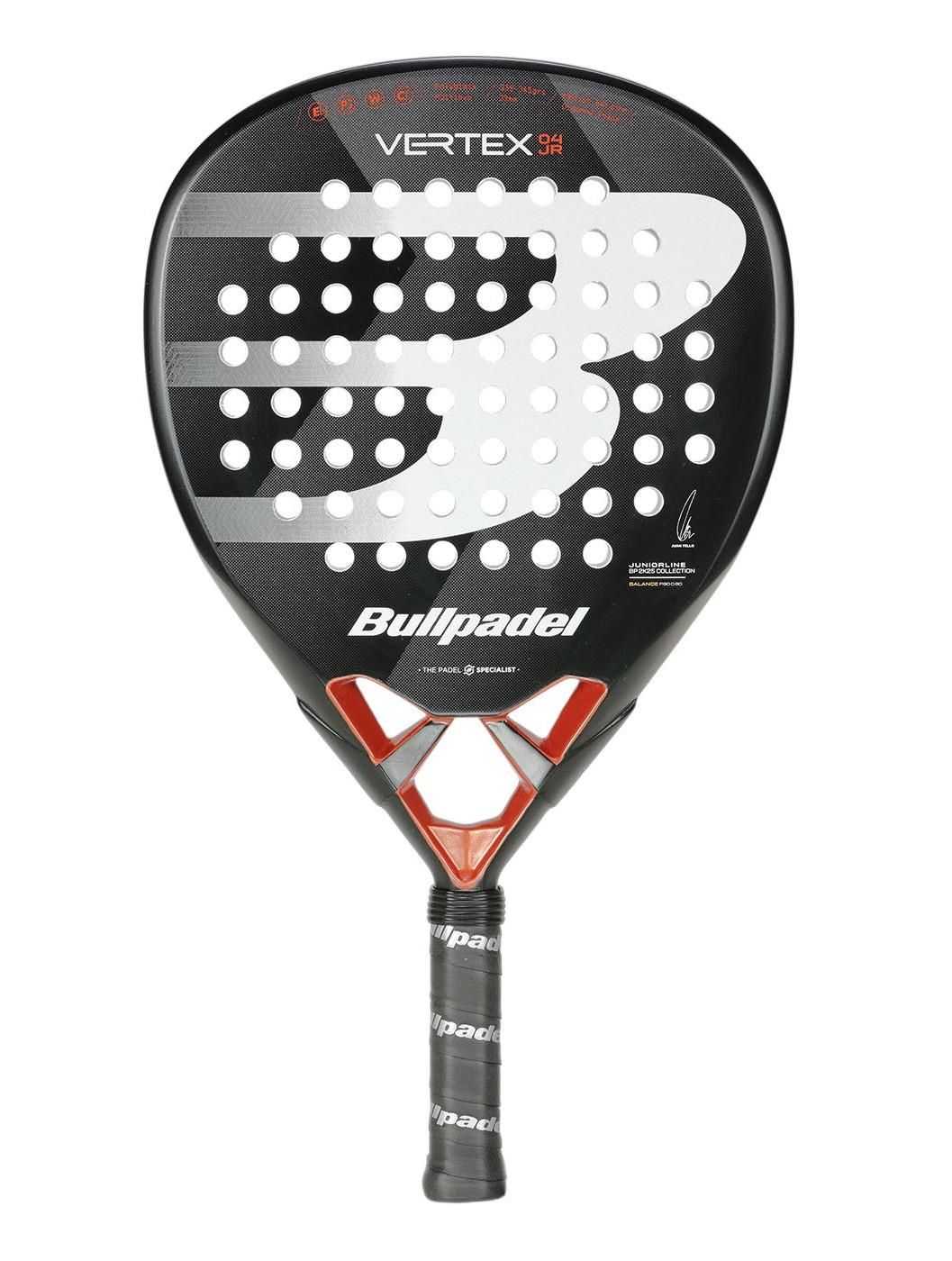 Introducing the Bullpadel Vertex Junior 25 Padel Racket in black, a stylish racket for junior players featuring a perforated face with a bold "B" design and wrapped in black grip tape, blending style and performance for young athletes.