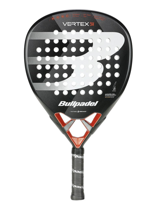 Introducing the Bullpadel Vertex Junior 25 Padel Racket in black, a stylish racket for junior players featuring a perforated face with a bold "B" design and wrapped in black grip tape, blending style and performance for young athletes.