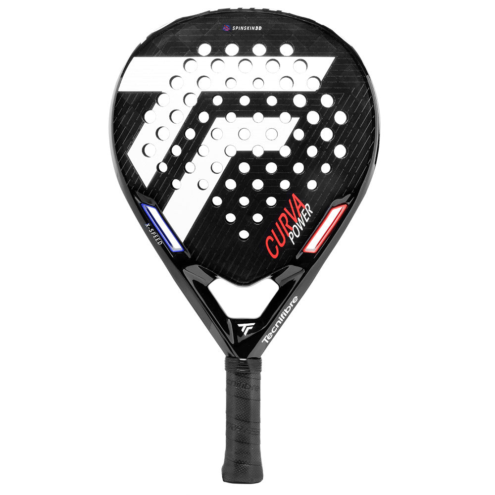 The Tecnifibre Curva Power Padel Racket in black features a prominent "T" logo and multiple holes on its 18K carbon face, "CURVEO POWER" in bold red, a small French flag near the base, and a textured dark grip for optimal control.