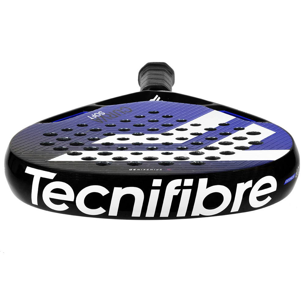 Introducing the Tecnifibre Curva Soft Padel Racket - Blue, featuring a versatile teardrop head shape. This racket boasts a black frame with white branding and a blue/black geometric design, paired with a black grip tape-wrapped handle for optimal performance.