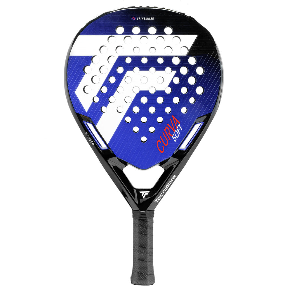The Tecnifibre Curva Soft Padel Racket - Blue features a sleek blue and black design with white diagonal stripes, circular holes, "Curva Soft" on the face, and the Tecnifibre logo on the handle. It integrates X-SPEED technology for improved performance.