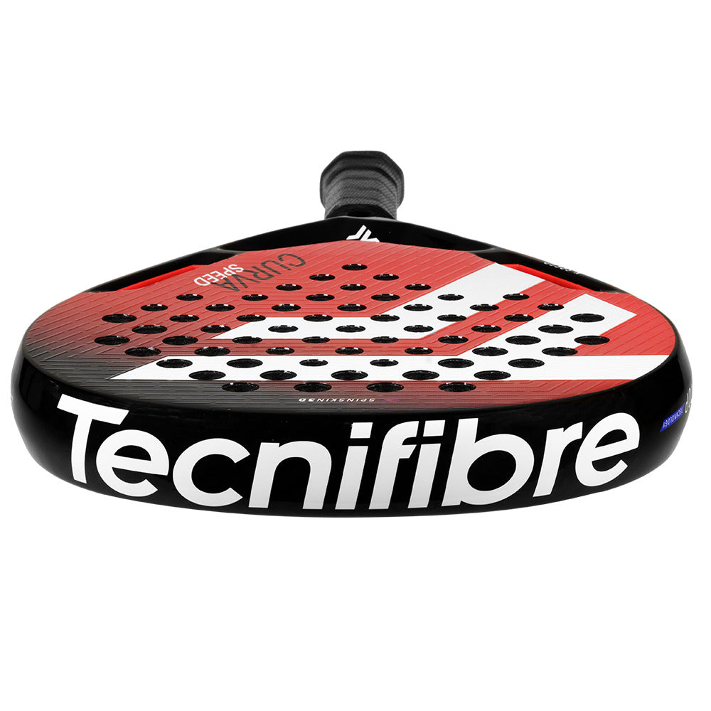Introducing the Tecnifibre Curva Speed Padel Racket - Red, showcasing a bold red, white, and black design with the "Tecnifibre" logo on the side. Enhanced by SPIN SKIN 3D surface and evenly spaced holes for superior playability, it features a sleek black grip tape on the handle.