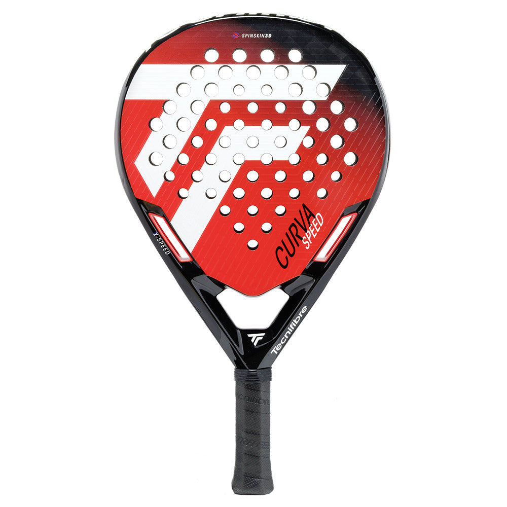 The Tecnifibre Curva Speed Padel Racket in red features white geometric patterns, the brand's logo near the black handle's base, and SPIN SKIN 3D technology for enhanced play.