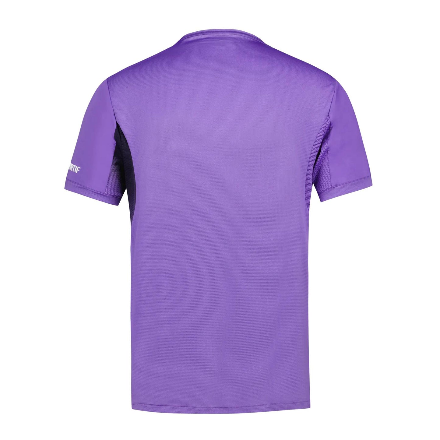 Back view of the Le Coq Sportif Pro Men's Padel T-Shirt - Chive Blossom, featuring short sleeves. The lightweight fabric boosts breathability and fluidity, while a small logo on the left sleeve adds a subtle touch to this versatile piece.