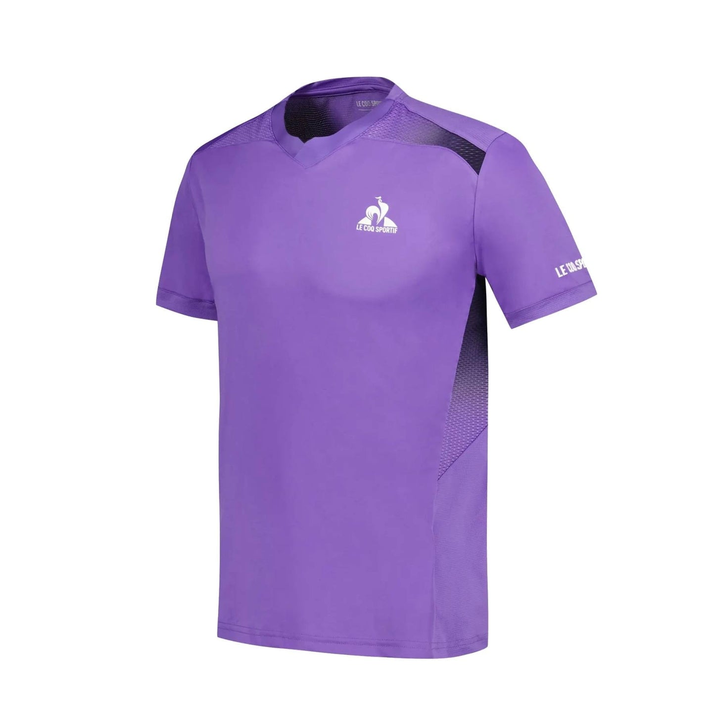 A chive blossom short-sleeve athletic shirt showcasing the "Le Coq Sportif Pro Mens Padel T-Shirt" logo on the chest and brand details on the left sleeve. Designed with dark mesh accents for improved breathability and fluidity, it guarantees superior performance and comfort.