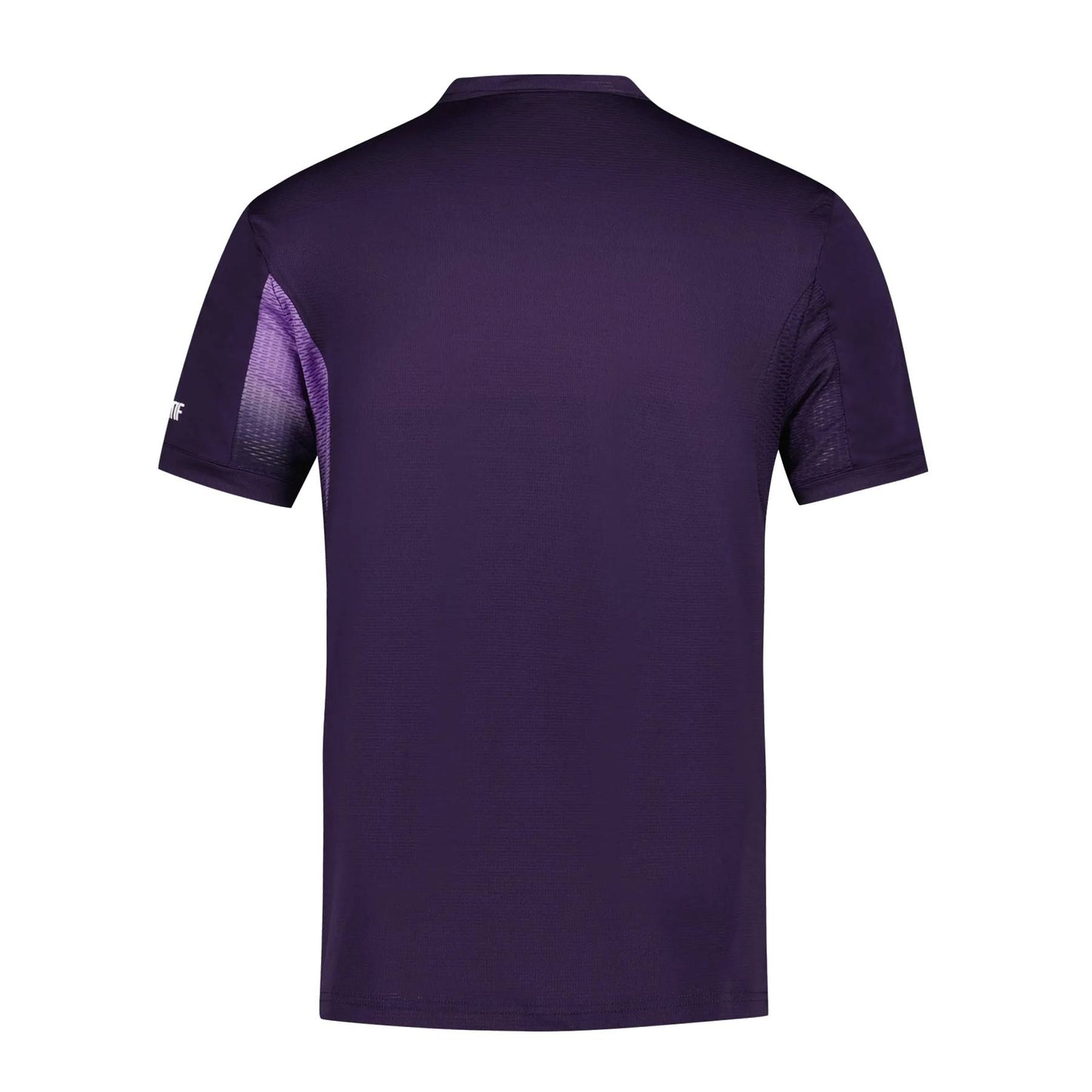 The back view of the Le Coq Sportif Pro Men's Padel T-Shirt in Deep Purple showcases a design optimized for movement. It includes short sleeves, subtle lighter purple accents on the sides, and a small logo on one sleeve. Made from breathable fabric, it ensures comfort during every activity.