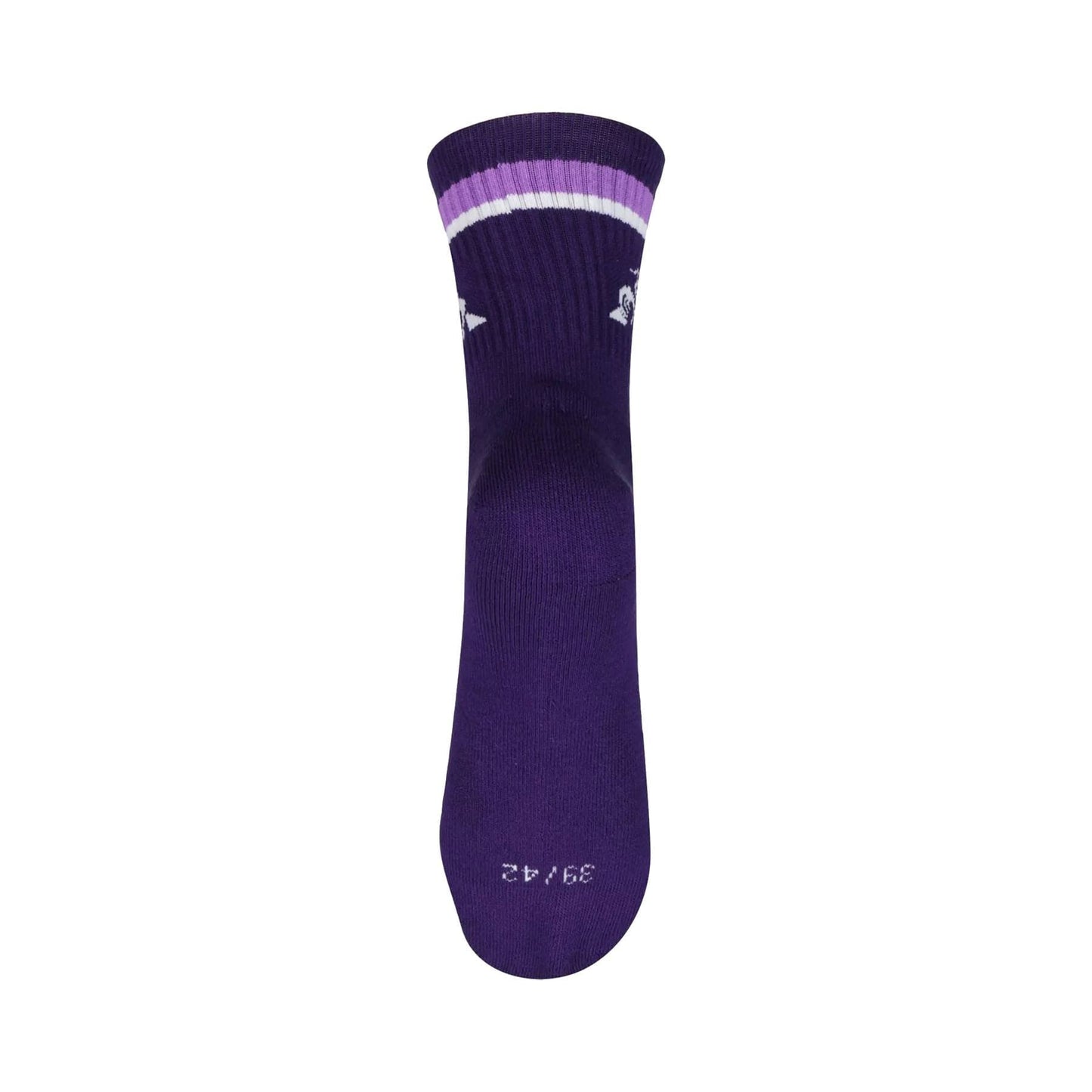 The Le Coq Sportif Sports Socks in Purple Velvet showcase a design with two stripes – one in white and the other in light purple – near the top. They also feature small white numbers "39/42" near the toe, providing both comfort and breathability while indicating the size.