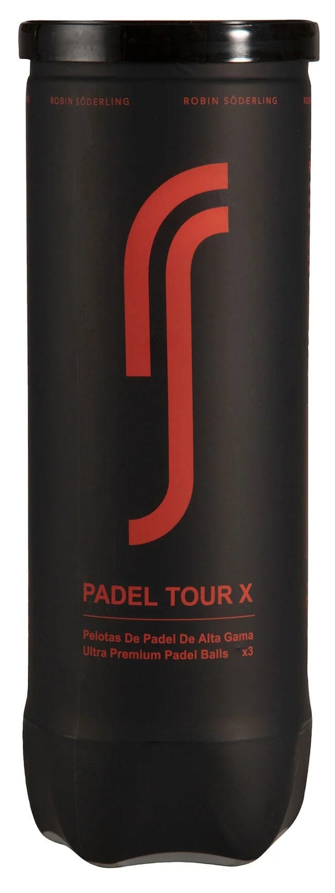 A black cylindrical tube labeled "RS Padel Tour X" with the Robin Soderling logo, containing ultra-premium padel balls used by pros like Simon Vasquez; sold as a 3-ball tube from the Robin Soderling brand.