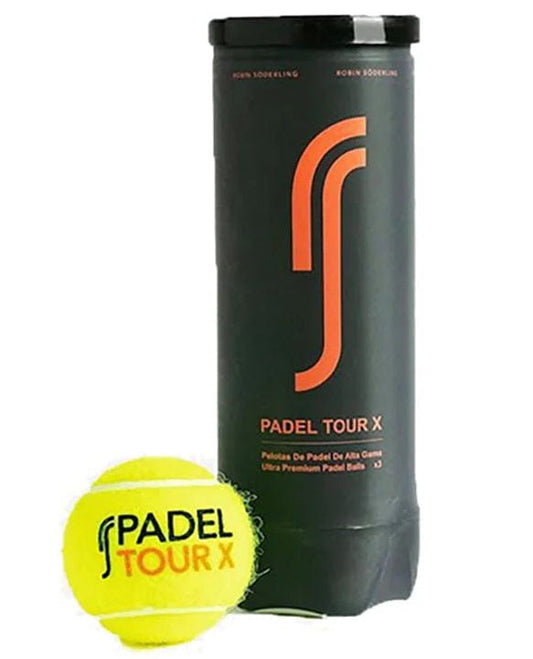 A black tube labeled "Robin Soderling RS Padel Tour X Padel Balls" stands upright next to a bright yellow ball marked "Padel Tour X.