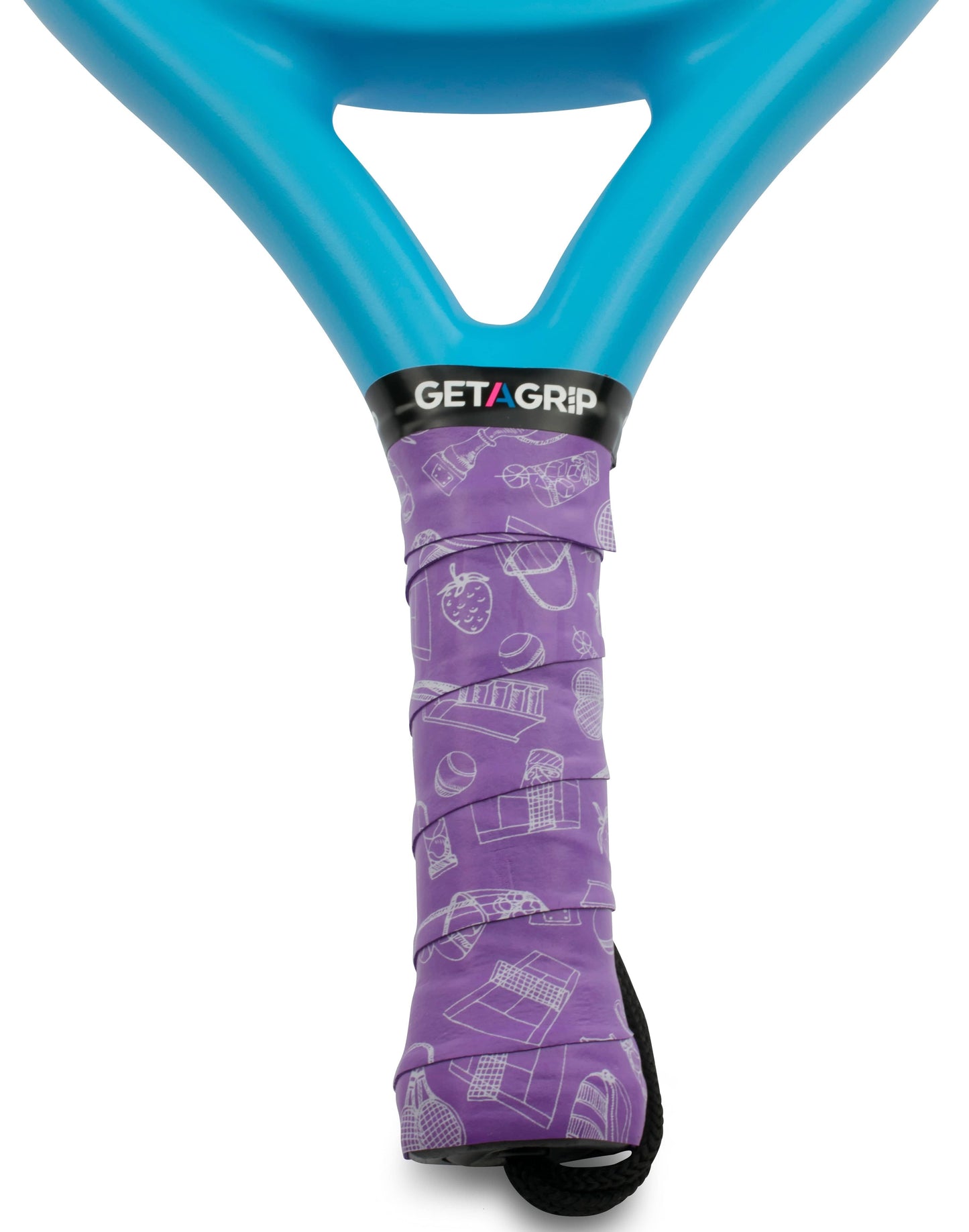 Close-up of a blue tennis racket with the Get a Grip Padel Overgrip - Ready? Play by Get A Grip, featuring white sports-themed illustrations and "GET A GRIP" on the black band at the top of the handle.