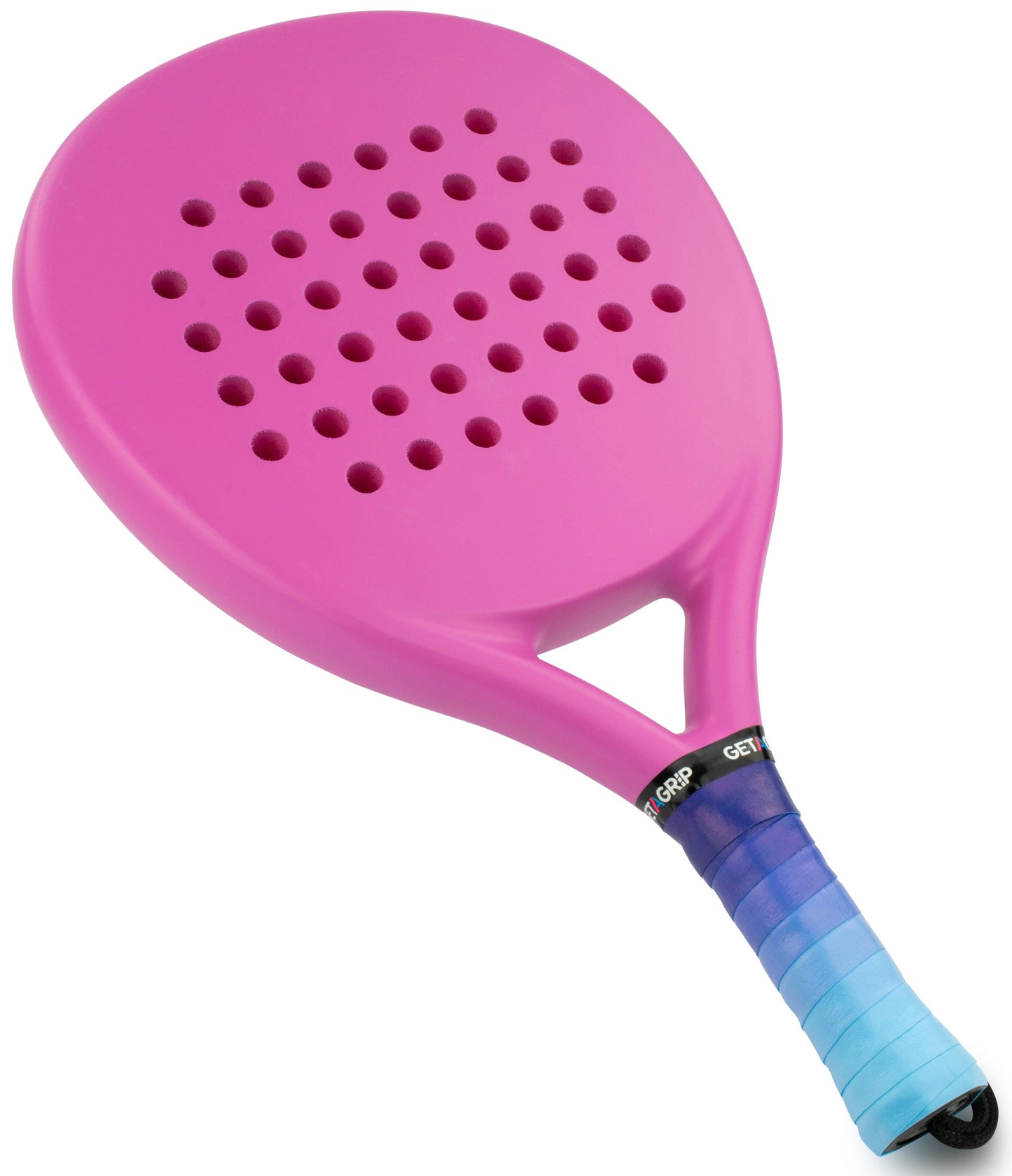 A pink padel racket with a perforated face and a handle wrapped in Get A Grip's Wavy Padel Overgrip in blue and purple, placed on a white background.