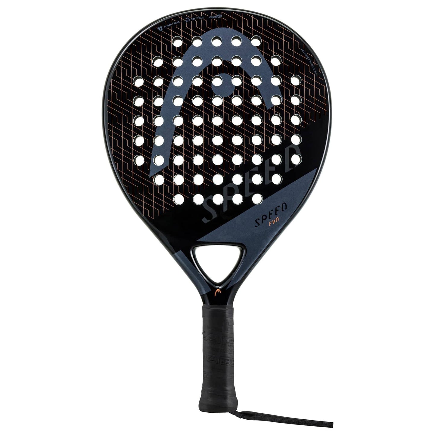 The HEAD Evo Speed 2023 Padel Racket in black boasts a distinctive grid of circular holes and prominently displays the brand's large logo on its face. "Evo Speed 2023" is inscribed above the handle, while Innegra technology ensures that this racket is beginner-friendly. Additionally, a wrist strap attached to the handle offers enhanced security during play.