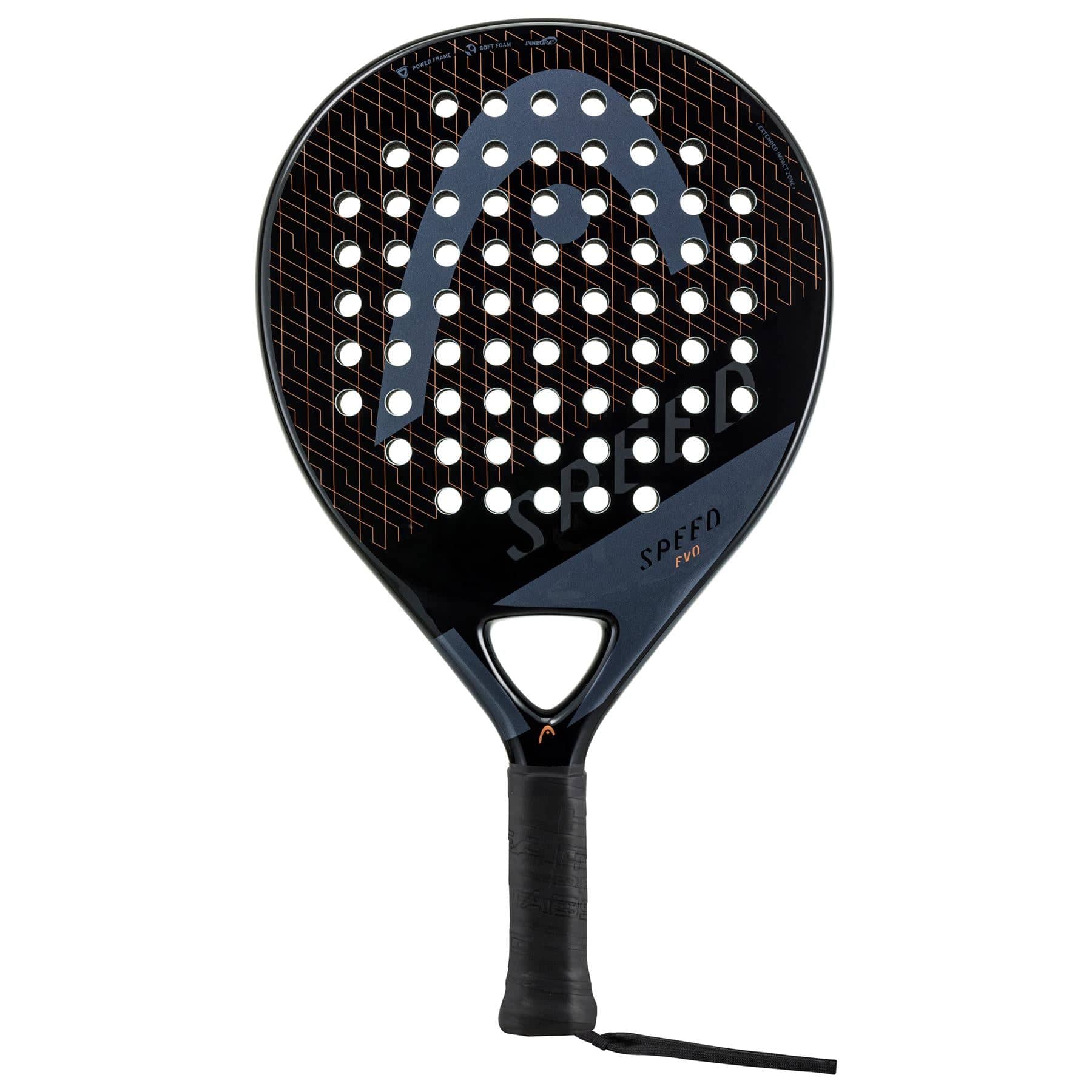 The HEAD Evo Speed 2023 Padel Racket in black boasts a distinctive grid of circular holes and prominently displays the brand's large logo on its face. "Evo Speed 2023" is inscribed above the handle, while Innegra technology ensures that this racket is beginner-friendly. Additionally, a wrist strap attached to the handle offers enhanced security during play.