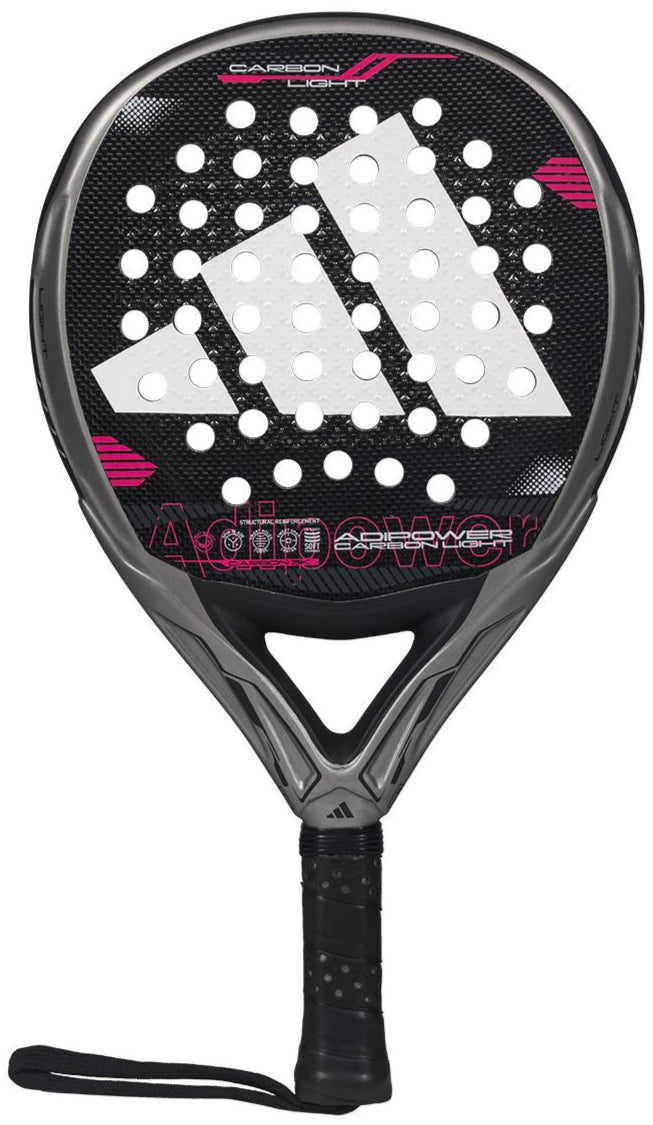 The ADIDAS Adipower Carbon Light 3.4 Padel Racket in silver and pink boasts a sleek design, round head, and prominent logo. Made with Carbon 3K Fibre and featuring a 3D Spin Blade Mold surface with holes, it includes a black handle with a secure strap.